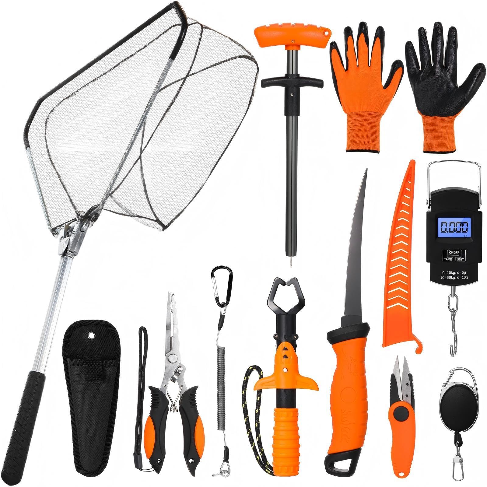 RoundFunny 10 Pcs Fishing Tool Kit, Fishing Pliers with Lanyard and Protective Sheaths, Landing Net, Fillet Knife, Fish Scale, Gripper, Hook Remover, Braid Scissors, Gloves for Men Dad Gift