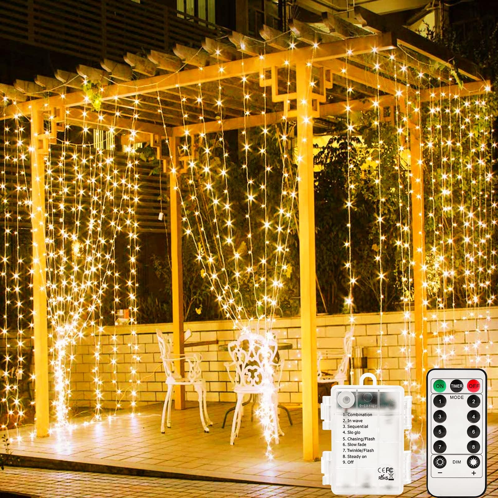 Window Curtain Lights 3x1.5m, 200 LED Fairy Lights Warm White, Remote Control with USB Powered or Battery Operated, Water Resistant String Lights 8 Modes for Indoors and Outdoors
