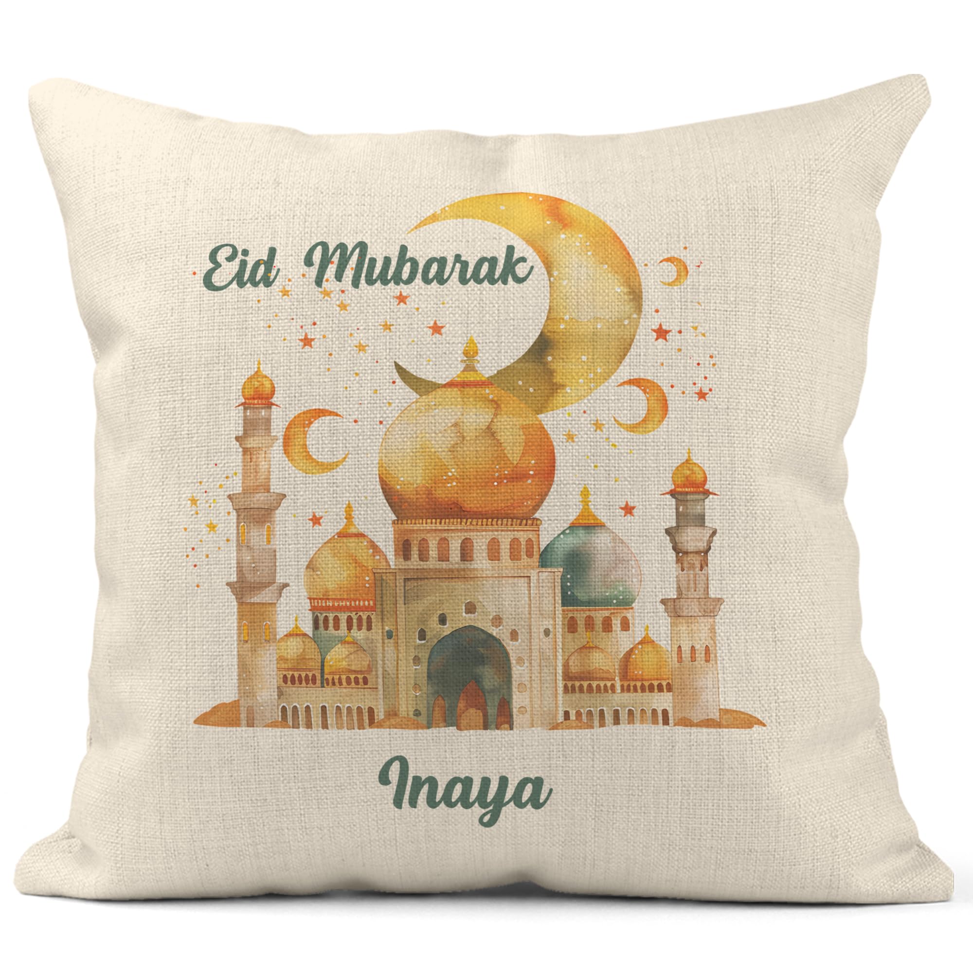 Print Maniacs Gold Cushion With Personalised Name - Eid Mubarak - Islamic Ramadan Home Decor Throw Pillow Case Gift For Eid Al-Fitr & Eid Al-Adha Parties, Mosque & Crescent Moon Design