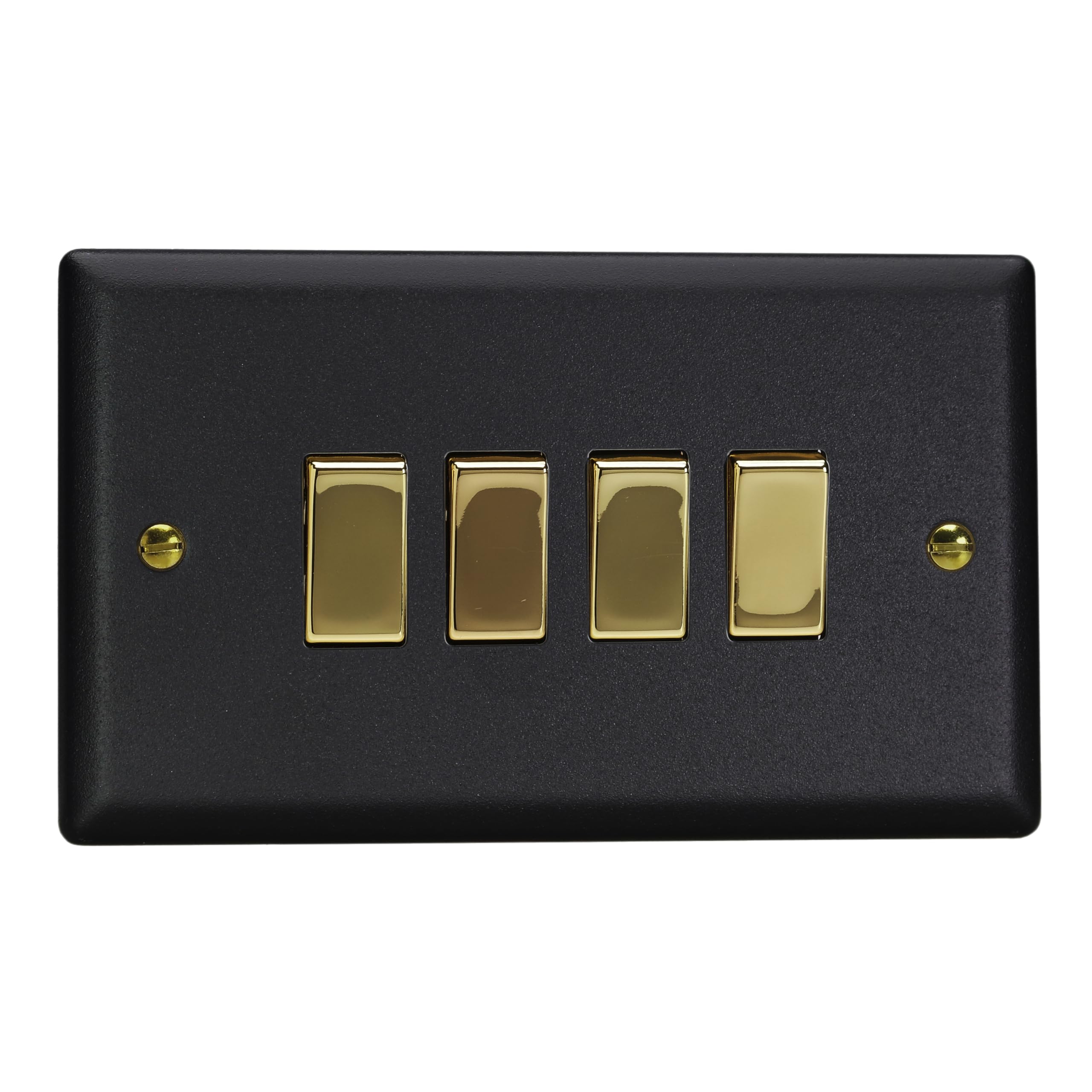Varilight Quad 2-Way Rocker Light Switch - Vogue Matt Black With Polished Brass Rockers, XY9V.MB