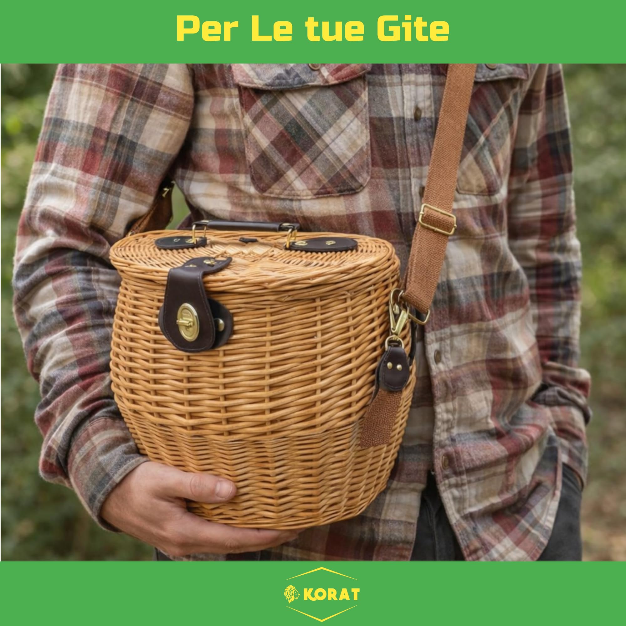 KORAT - Cestino in Vimini con Tracolla e Chiusura in Ottone, Cesto Raccolta Funghi 31x26x29 cm, Borsa Intrecciata Naturale con Maniglia, Robusto e Portatile per Outdoor e Picnic