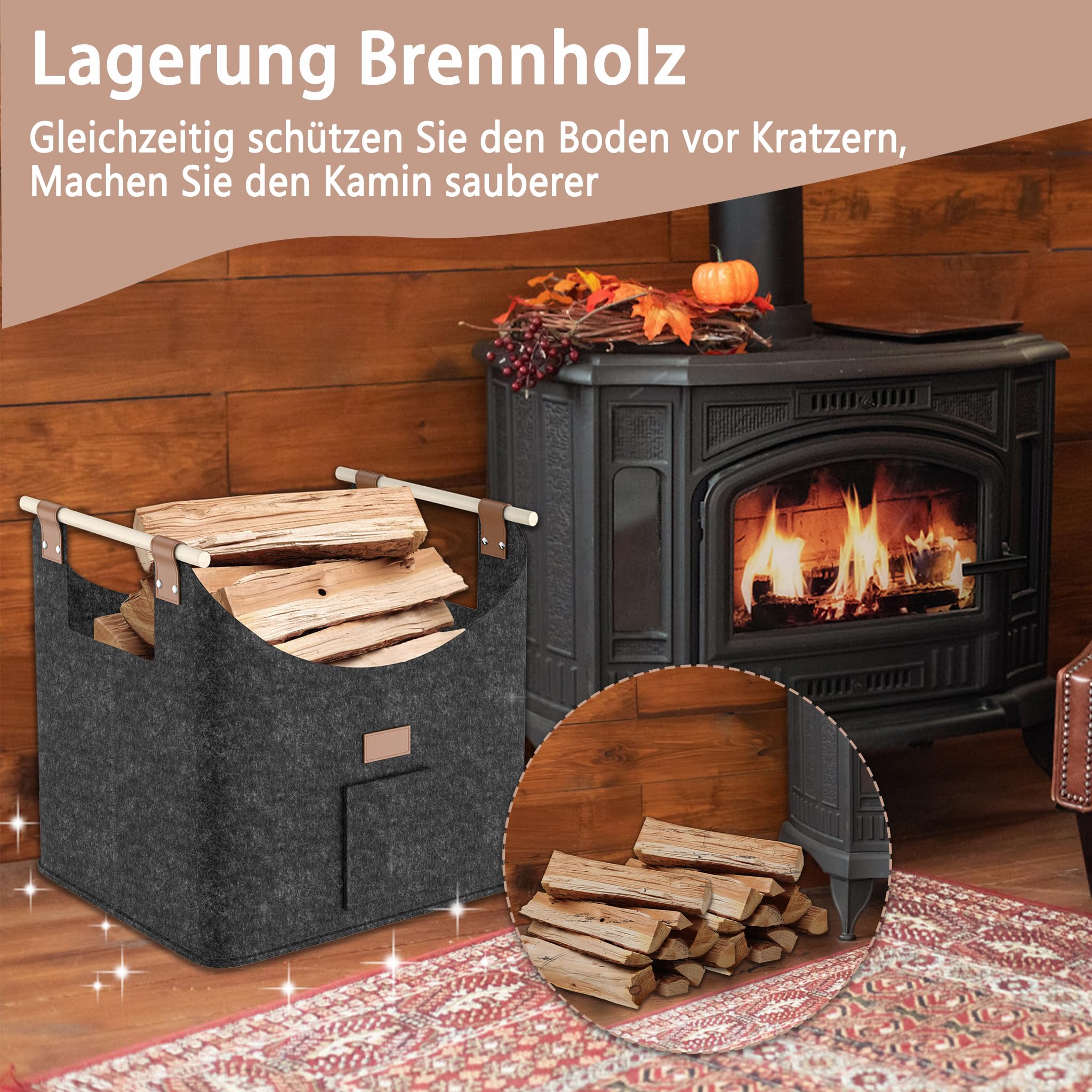 YRHome Lot de 2 paniers à bois de chauffage extra épais - Grand panier à bois de chauffage - Panier en feutre pour bois de chauffage - Cheminée avec poignées en bois - Jusqu'à 40 kg - 50 x 32 x 40 cm