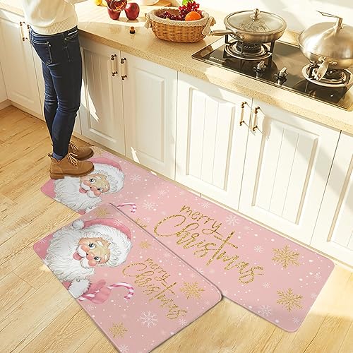 Miniatura 5 de Juego de 2 alfombras y tapetes de cocina de Navidad de Papá Noel, color rosa, dorado, blanco, copo de nieve, tapete de baño antideslizante para