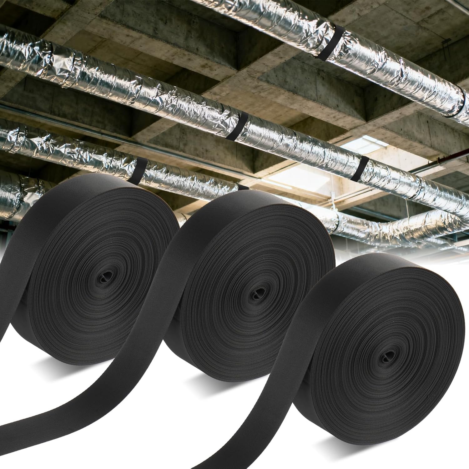 3 Rolls Heavy Duty Duct Strap - 1.97 in x 147 ft Black Nylon Webbing Strapping for HVAC Duct, Durable Duct Support Belt for Building & Home Improvement