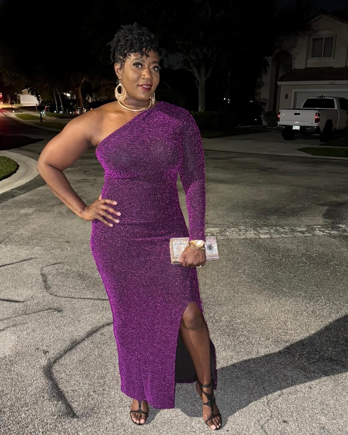 Womens Elegant Long Sleeve Evening Party Dresses Purple Sexy Formal One Shoulder Evening Gowns High Split Cocktail Dress(Purple,Medium) - Image 3