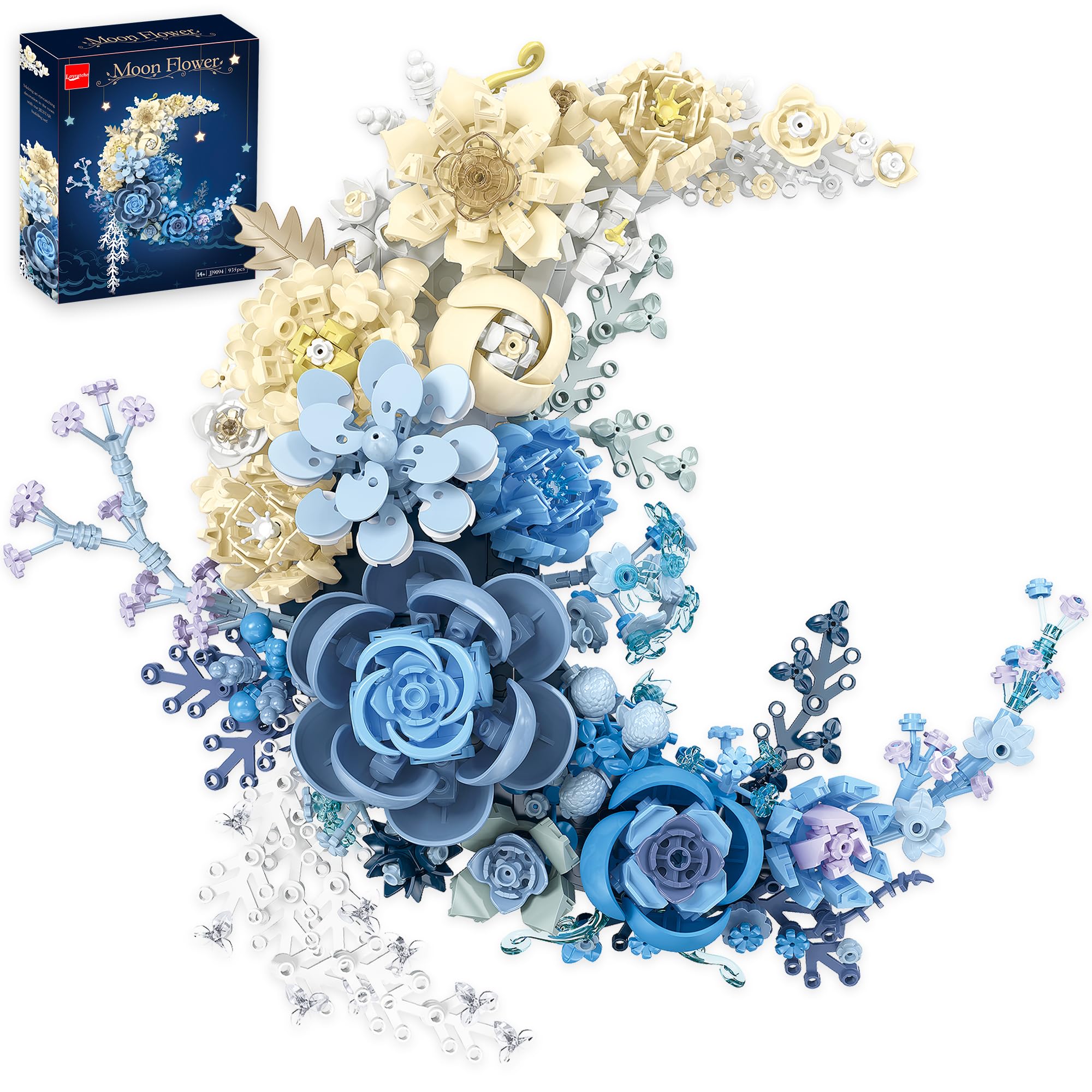 Loyratche Blue Moon Flower Building Set, Botanical Collection Crescent-Shaped Artificial Flowers Building Blocks Kit Compatible with Lego for Adults Home Décor Wall Art Decoration