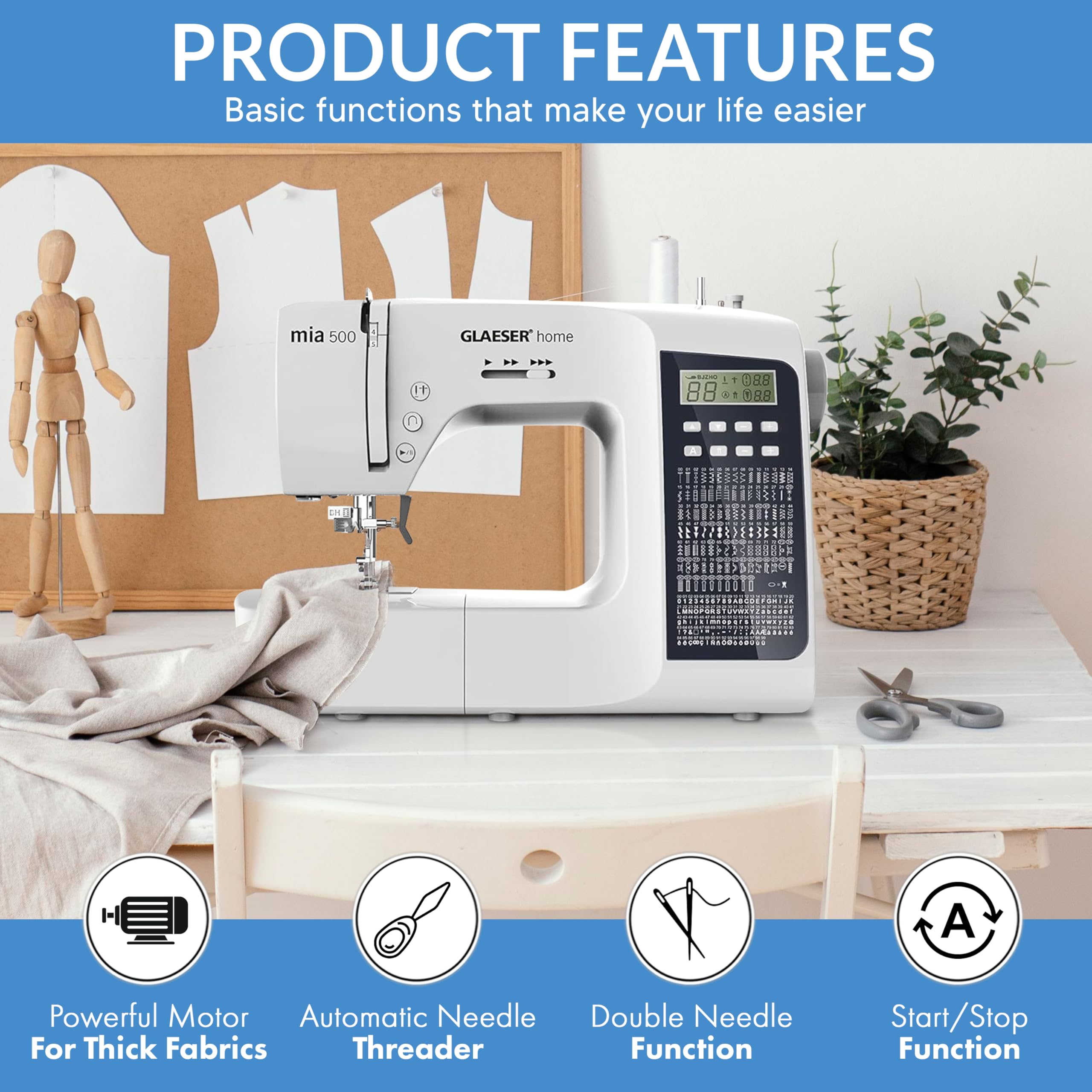Digitale Nähmaschine GLAESER® home mia 500 300 Stich-Varianten Doppelnadel LED Display Einklappbarer Griff Einschnapp-Automatik Nähfuss Doppelnadel-Funktion Elektronische Start-Stopp-Funktion