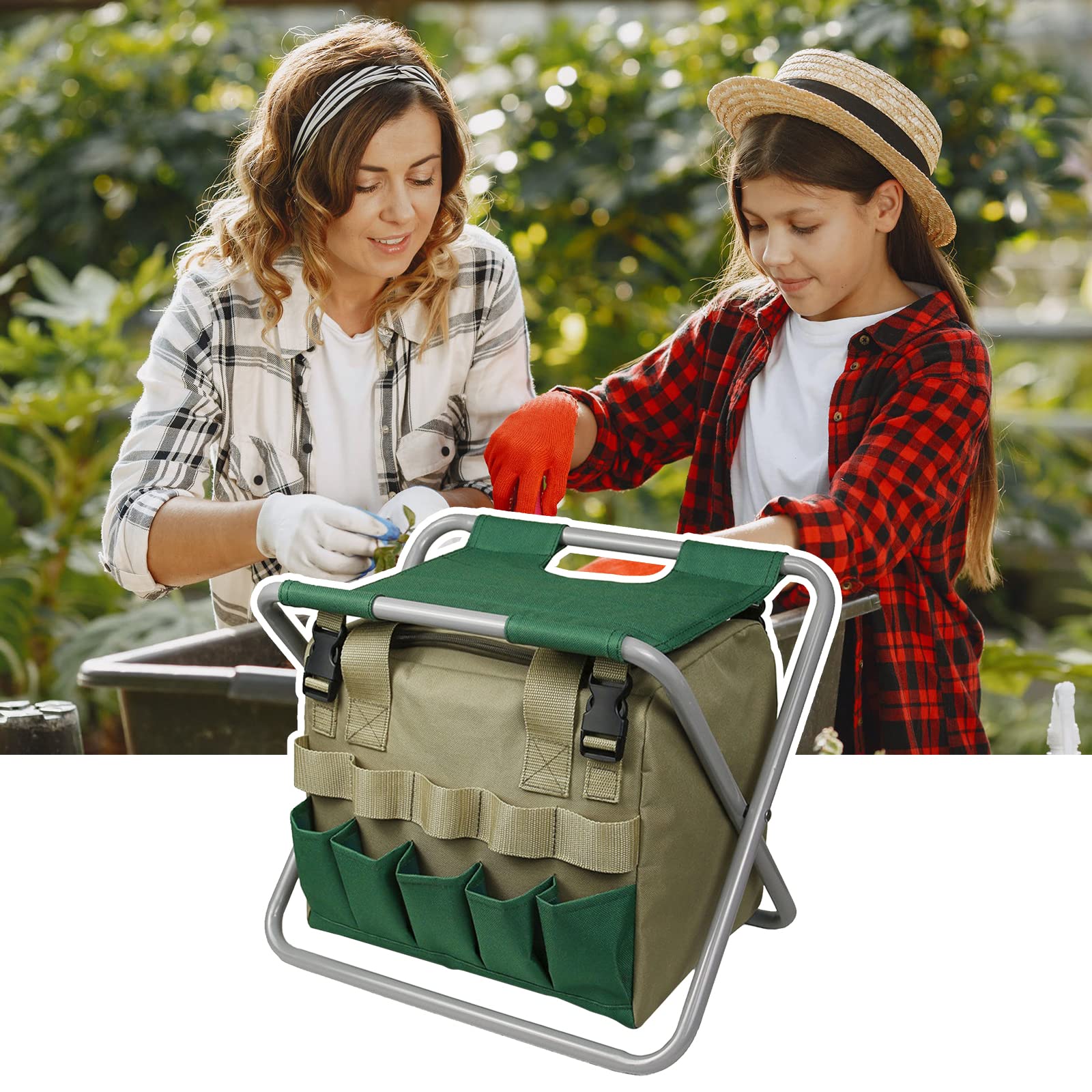 lyrlody Sgabello da Giardino 2 in 1 Pieghevole con Ampio Stoccaggio Design Compatto e Struttura Stabile per Giardinaggio e Lavori Allaperto Grigio