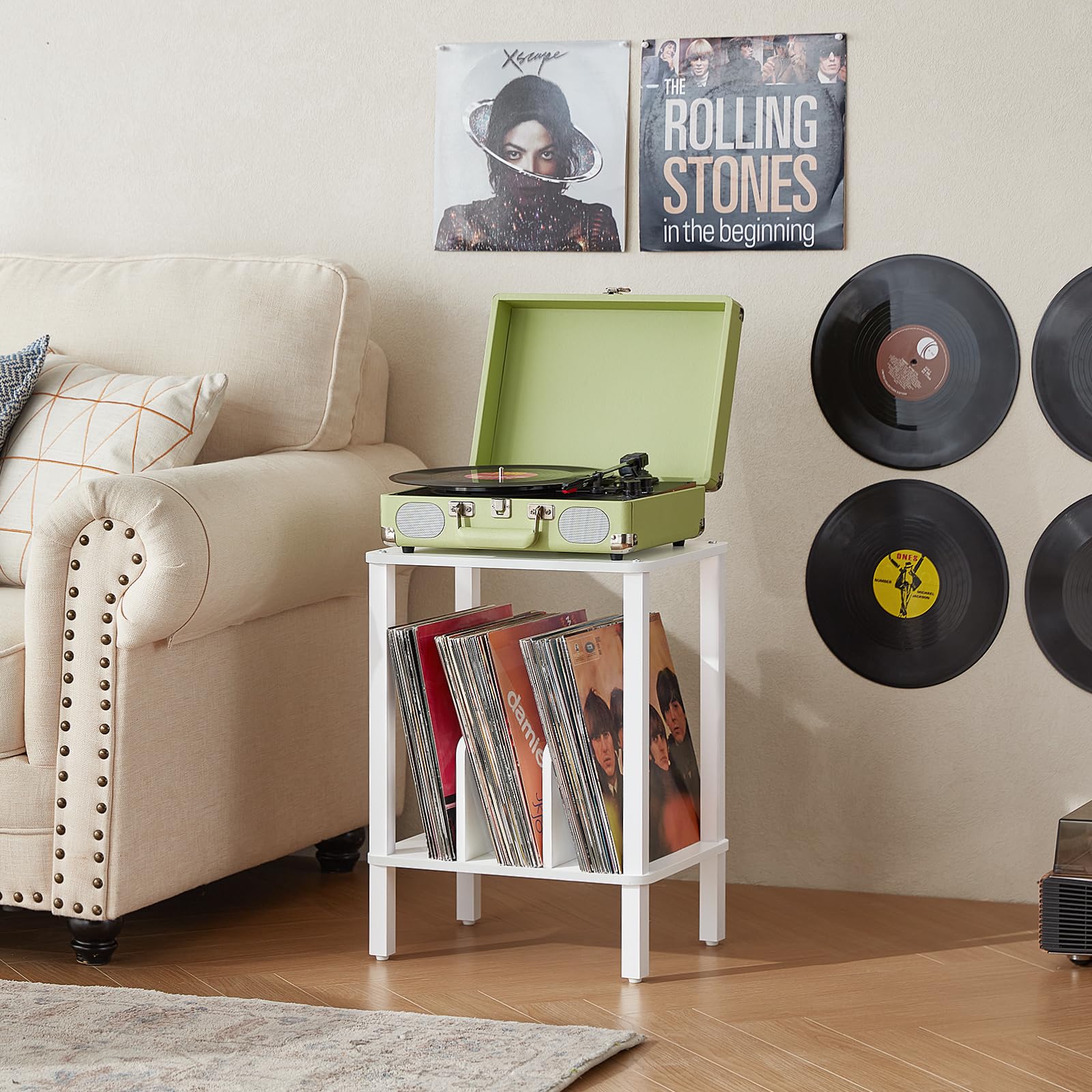 LELELINKY Supporto per giradischi in bambù a 2 livelli, con custodia per dischi vinile fino a 100 album, portadischi in stile boho per la camera da letto e tavolino multifunzione,Bianco