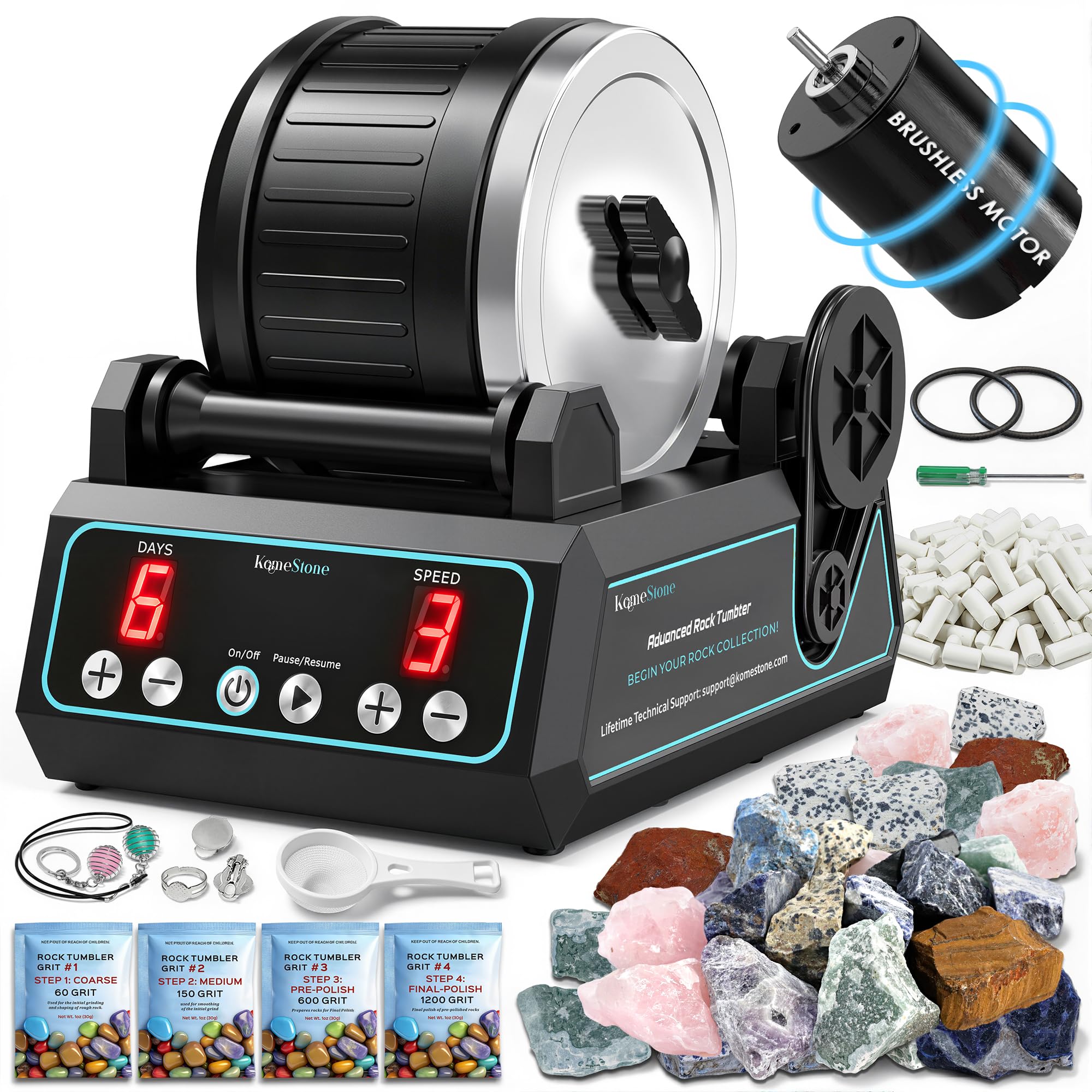 Photo 1 of Professional Brushless Rock Tumbler – Quiet 2.5LB Rotary Rock Polisher for Hobbyists & Collectors with High-Performance Motor, Adjustable Speed, Timer, Memory Function & Full Accessories Included