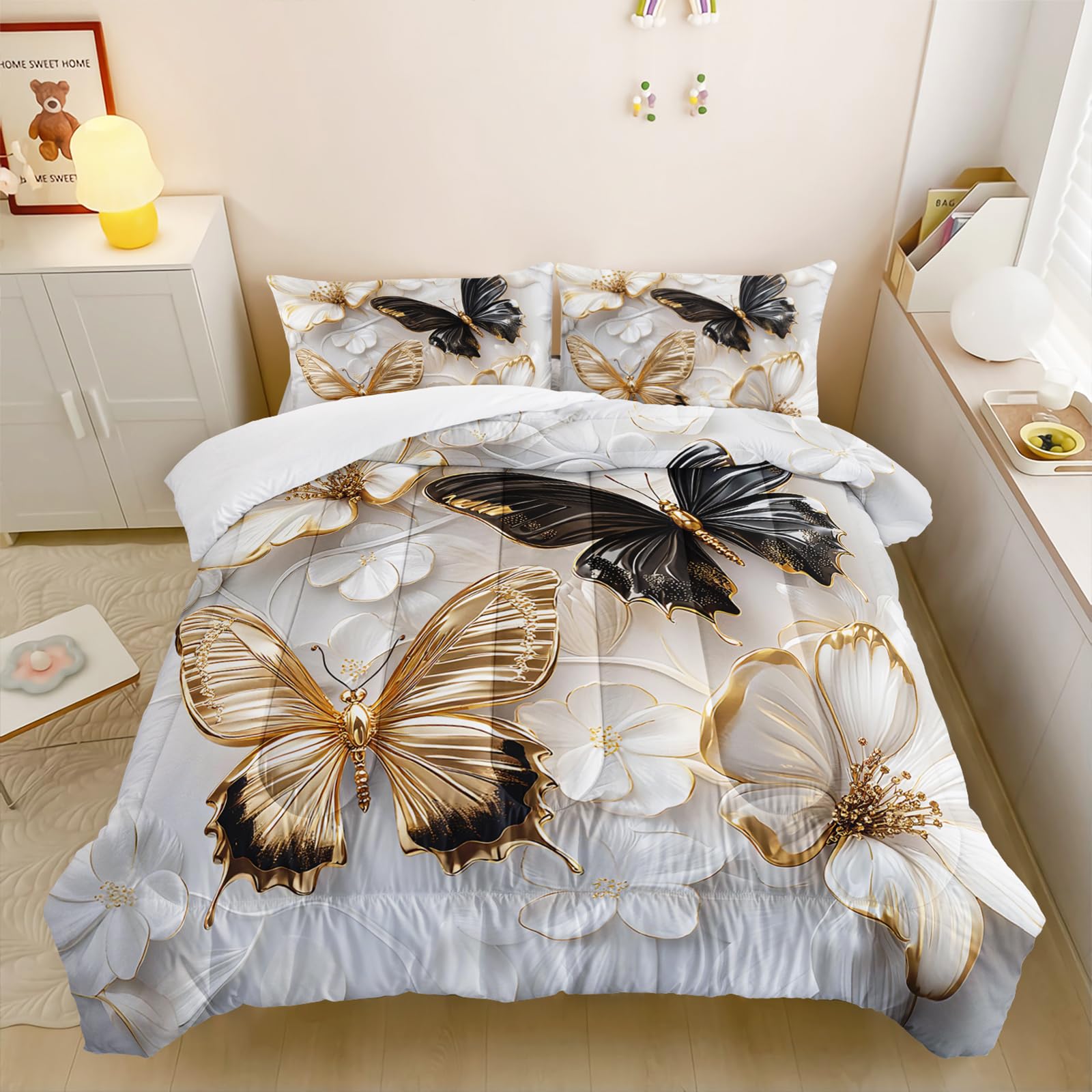 Luxury 3D Butterfly Comforter Set Full Size for Teen Boys Girls,Black and Goldern Butterfly Bedding Set,White Floral Print Quilt Set for Adults Women Bedroom Decor