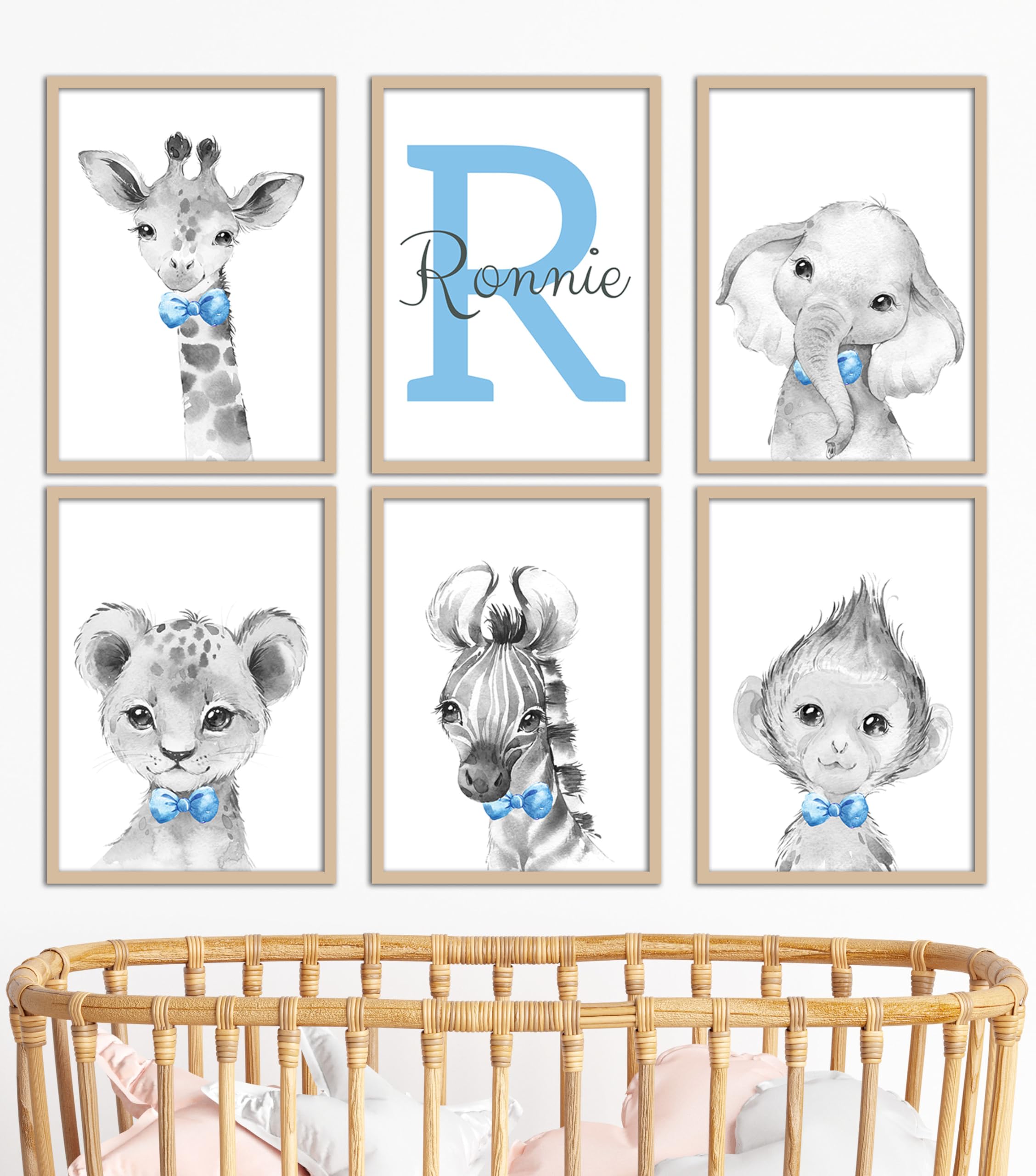 Eviepops Prints Safari Animals Boys Nursery Bedroom Unframed Poster Prints Set of 6, Personalised Name, Wall Art Decor New Baby Gift, Grey Blue Yellow Green, Giraffe Elephant Lion Zebra Monkey (A5)