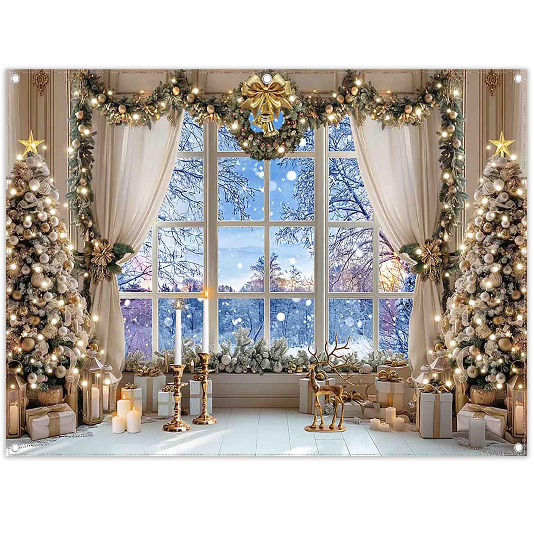 YCUCUEI 8x6ft Fabric Christmas Winter Window Backdrop White Snow Forest Scene Xmas Tree Photography Background Family Holiday Party Decor Photo Props