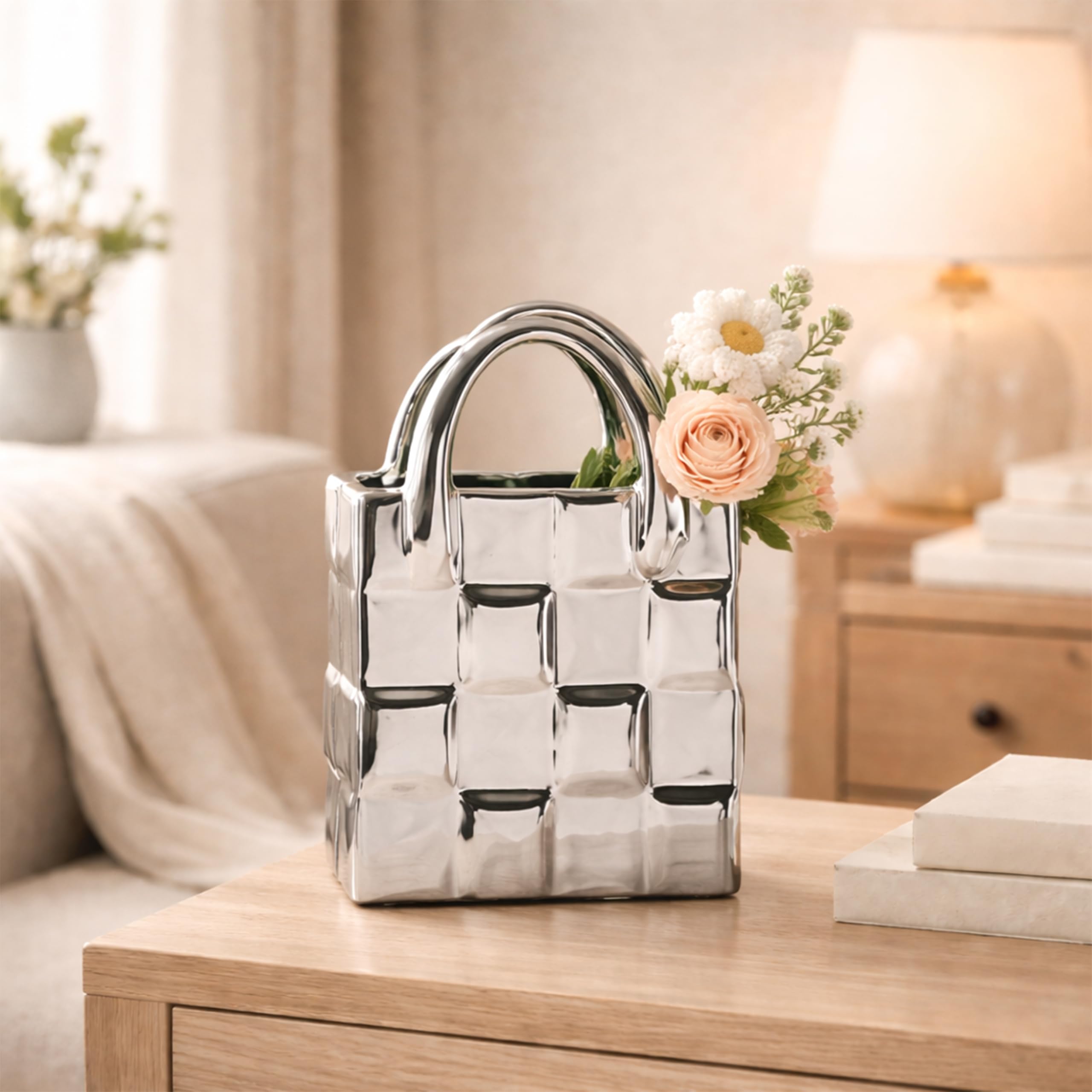 Modern Handbag Design Silver Ceramic Vase for Home Décor | Decorative Flower Vase for Living Room, Table & Office | Stylish Tabletop Centrepiece Vase (Without Flowers) (Without Flowers), 13x19 cm-image-2