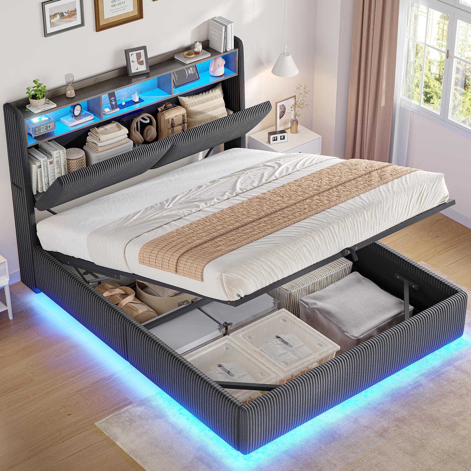 Ottoman Double Bed Frame with 360° LED Lights (Grey, Double-135x190cm)