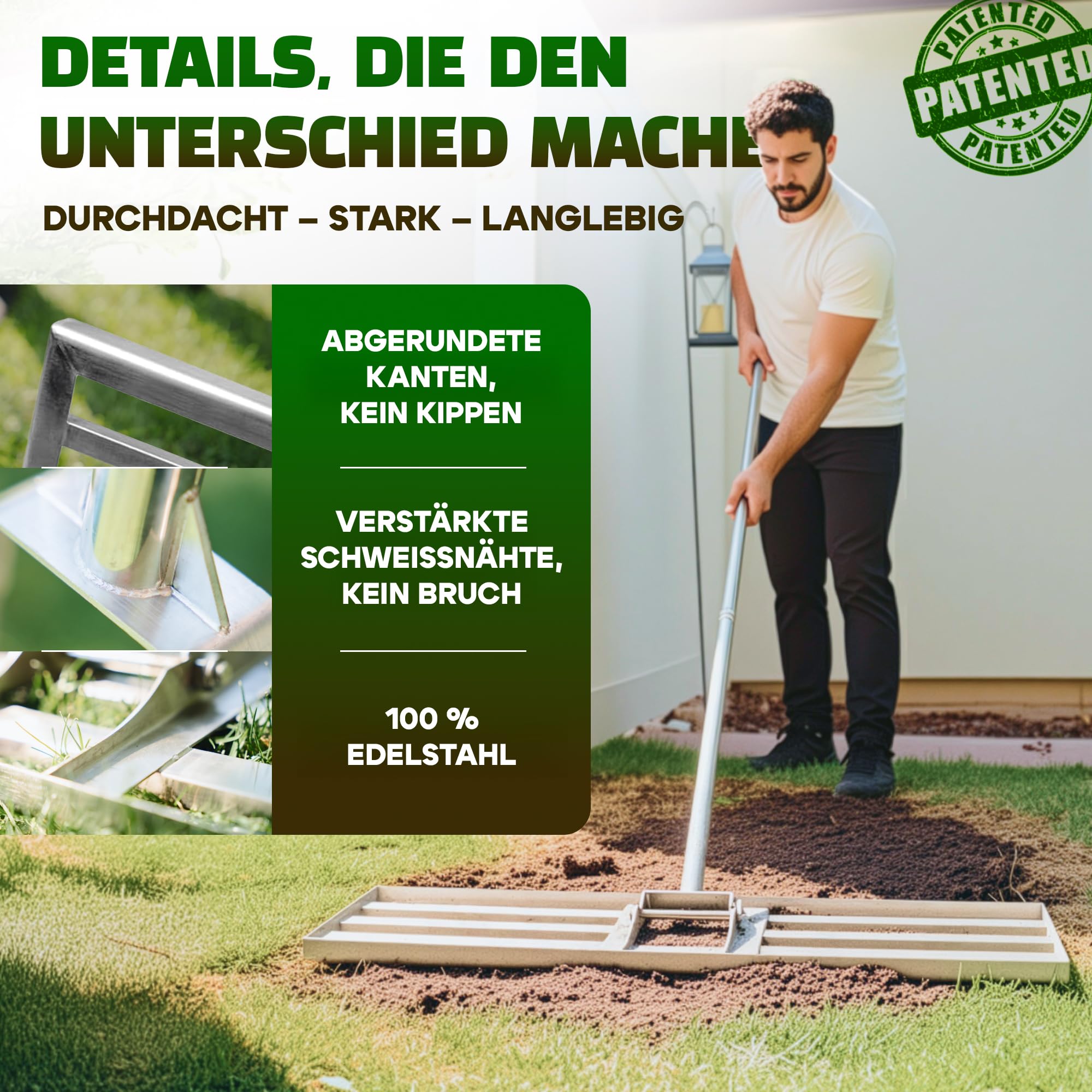 2in1 RasenRakel Edelstahl 80x30cm + vertikutierer Hand Rasen rake
