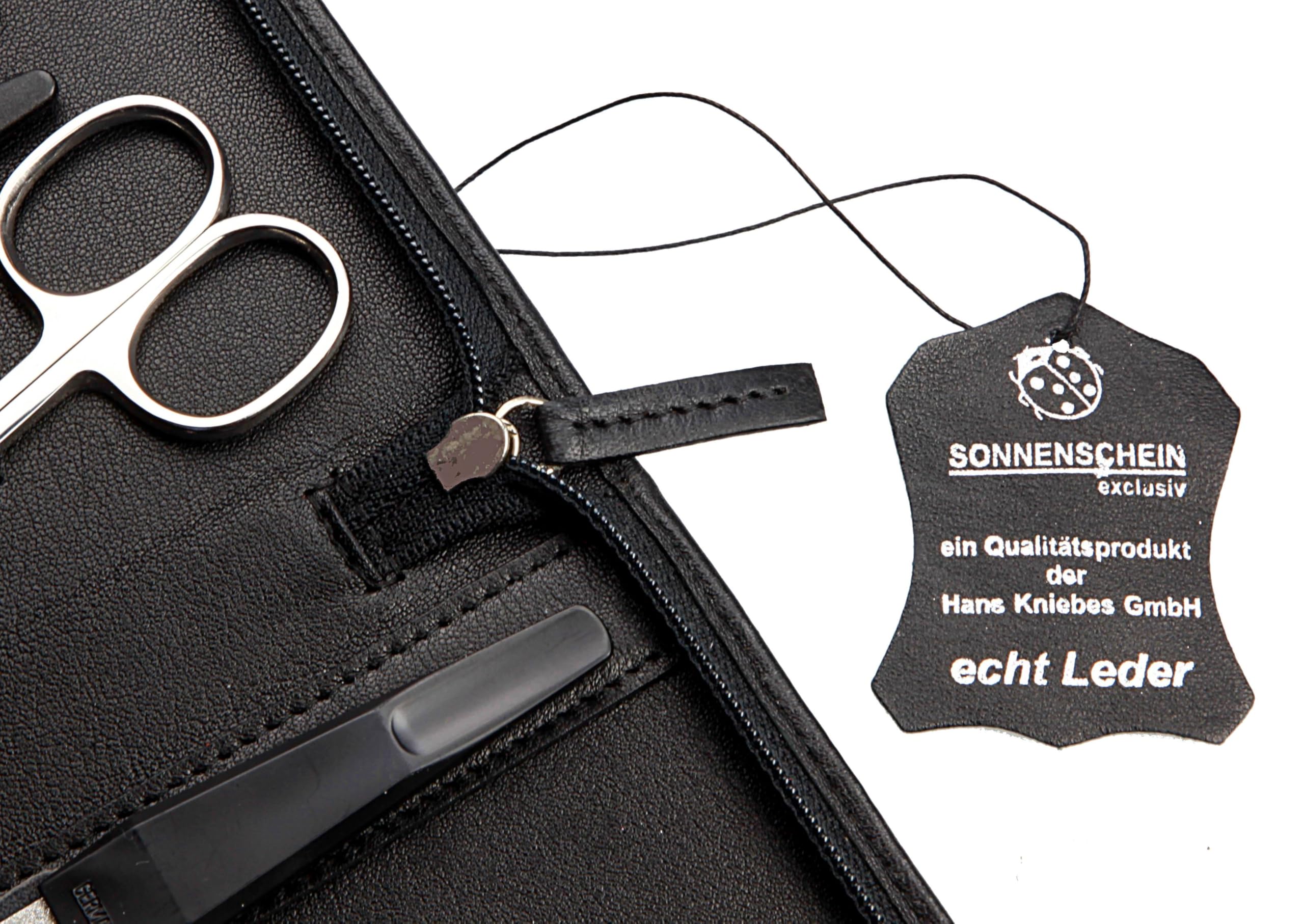 Sonnenschein by Hans Kniebes – 11-tlg. Maniküre Set – Nagelschere, Hautschere, Nagelzangen, Pinzette, Feile, Knipser – Maniküre-Etui aus Nappa-Lammleder Schwarz