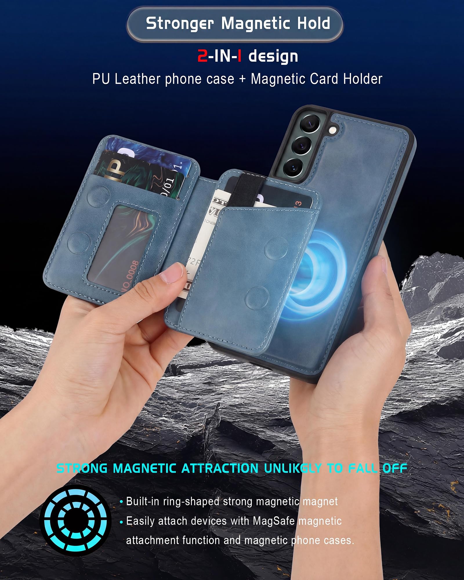Custodia a portafoglio magnetica staccabile per Samsung Galaxy S22 con cavalletto, 2 in 1 compatibile MagSafe con blocco RFID, custodia sottile in pelle PU blu