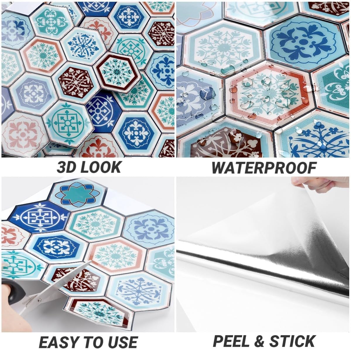 Decotalk Boho Peel and Stick Backsplash for Kitchen Backsplash Tiles 12"x12" Boho Kitchen Backsplash Wallpaper Multicolored Bohemia Backsplash for Bathroom 3 PCS Stick on Backsplash, Self Adhesive