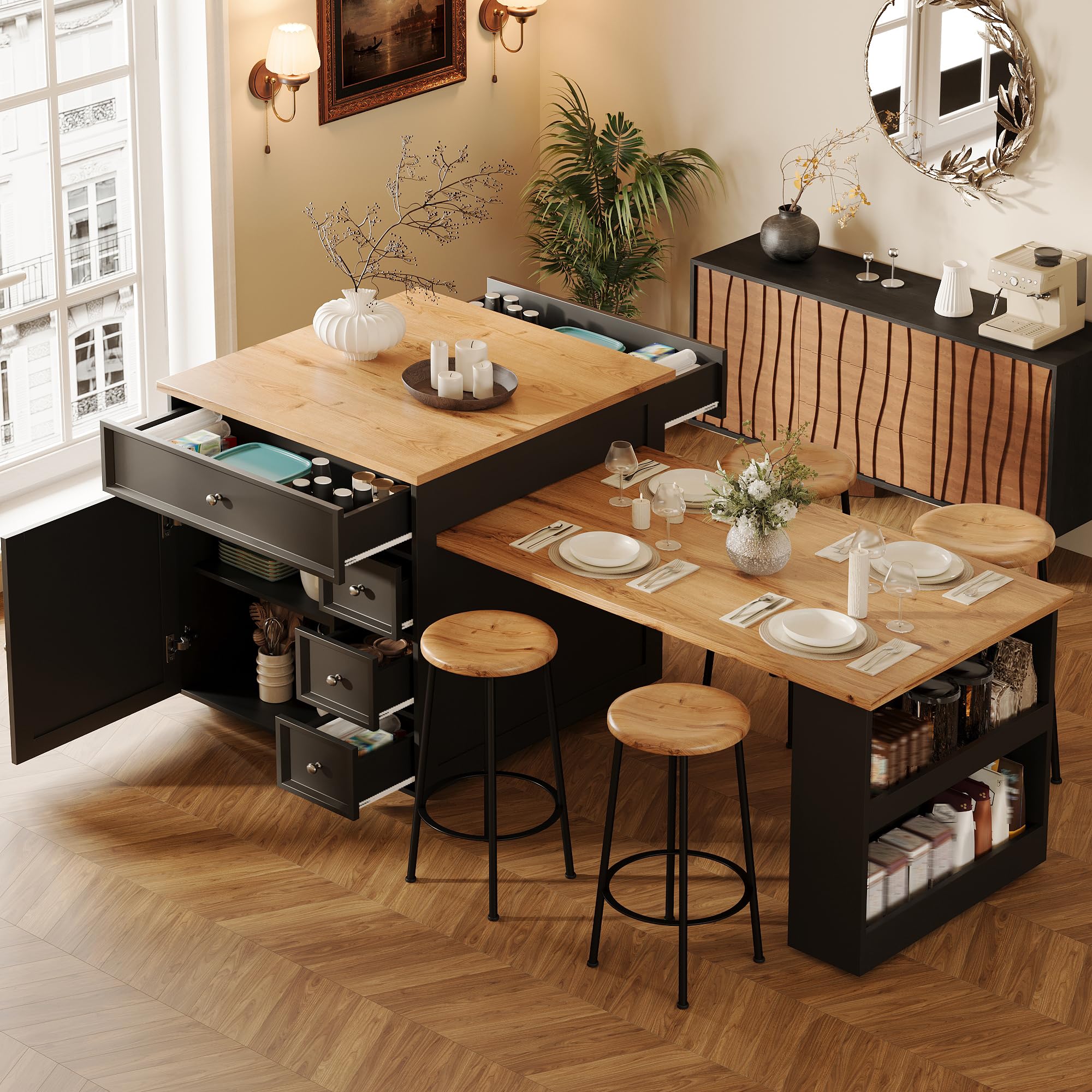 Kücheninsel mit Ausziehbarer Esstisch & Rollen, Küchenschrank Speisewagen, 120-184x70x94cm Schwarz