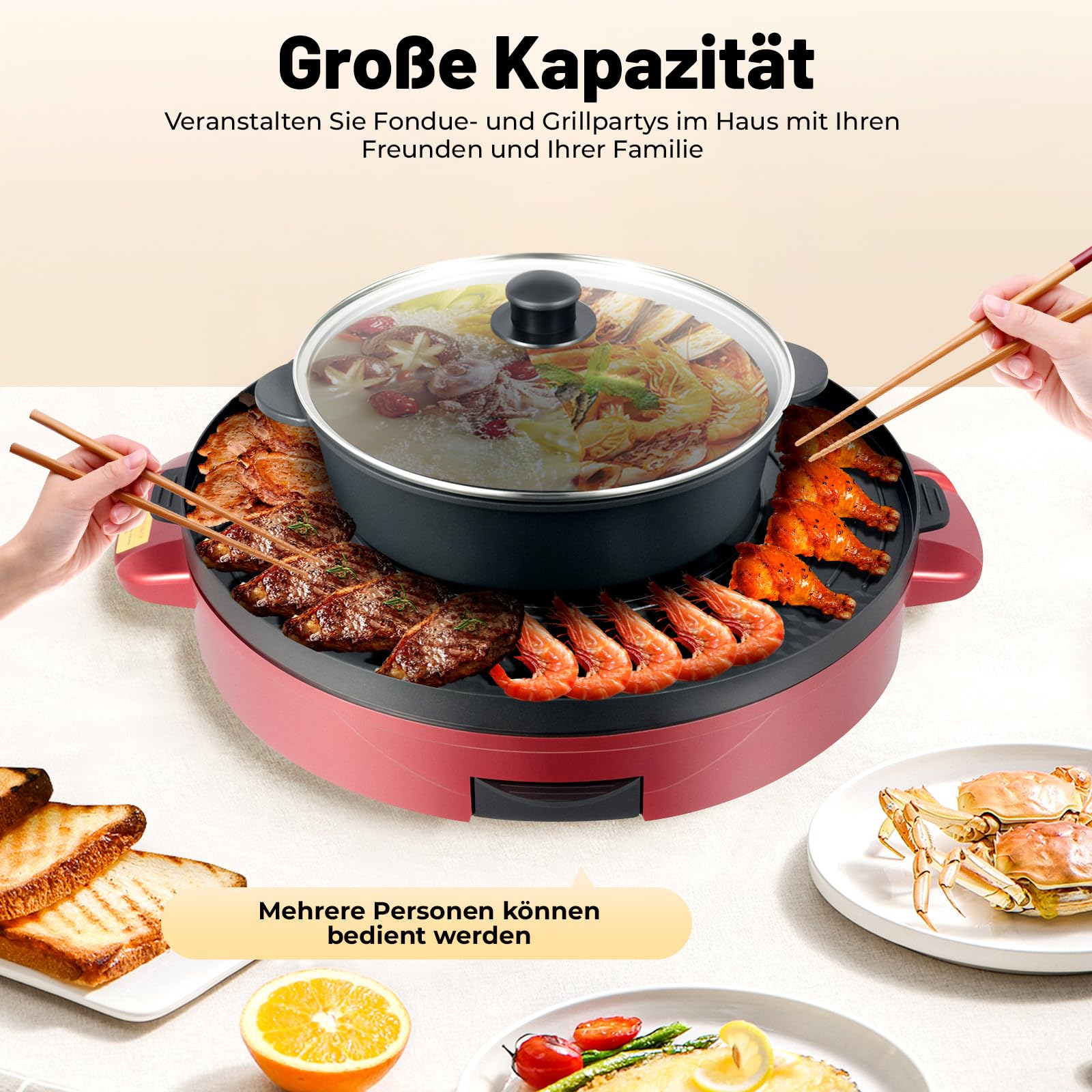 2200W Hot Pot Elektrisch Hotpot Topf 220V Elektrogrill 2 in 1 Multifunktion Elektrische Grill Hot pot mit Abnehmbar Kochplatte, Elektrische Hot Pots für Wohnheim Zuhause (Rot)
