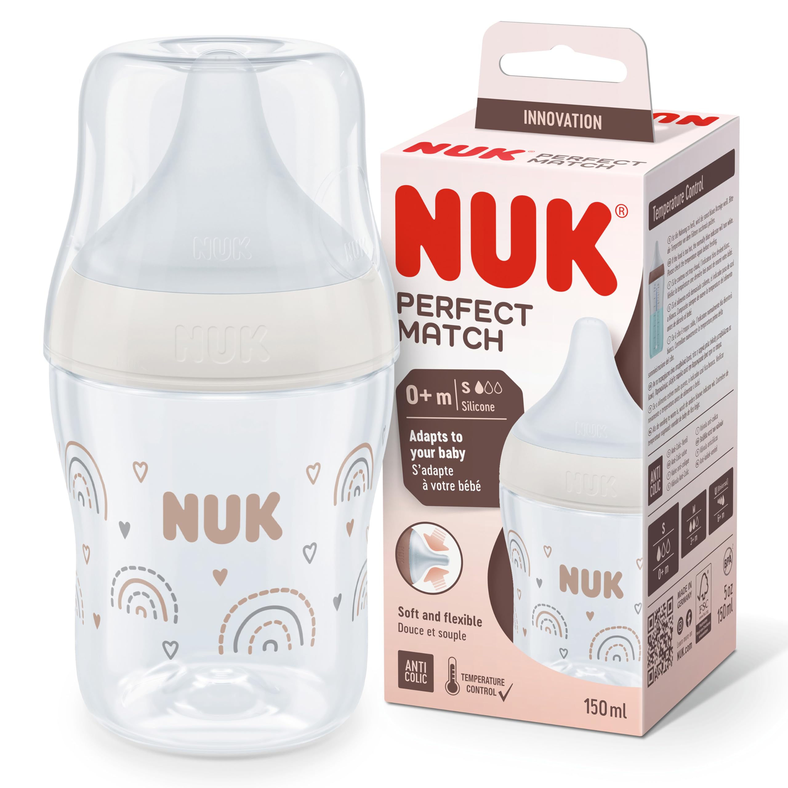 NUK Perfect Match Biberón | 0+ meses | 150 ml | Biberón anticólicos | PP | Indicador de control de temperatura | Hipopótamo | 1 unidad — view 18