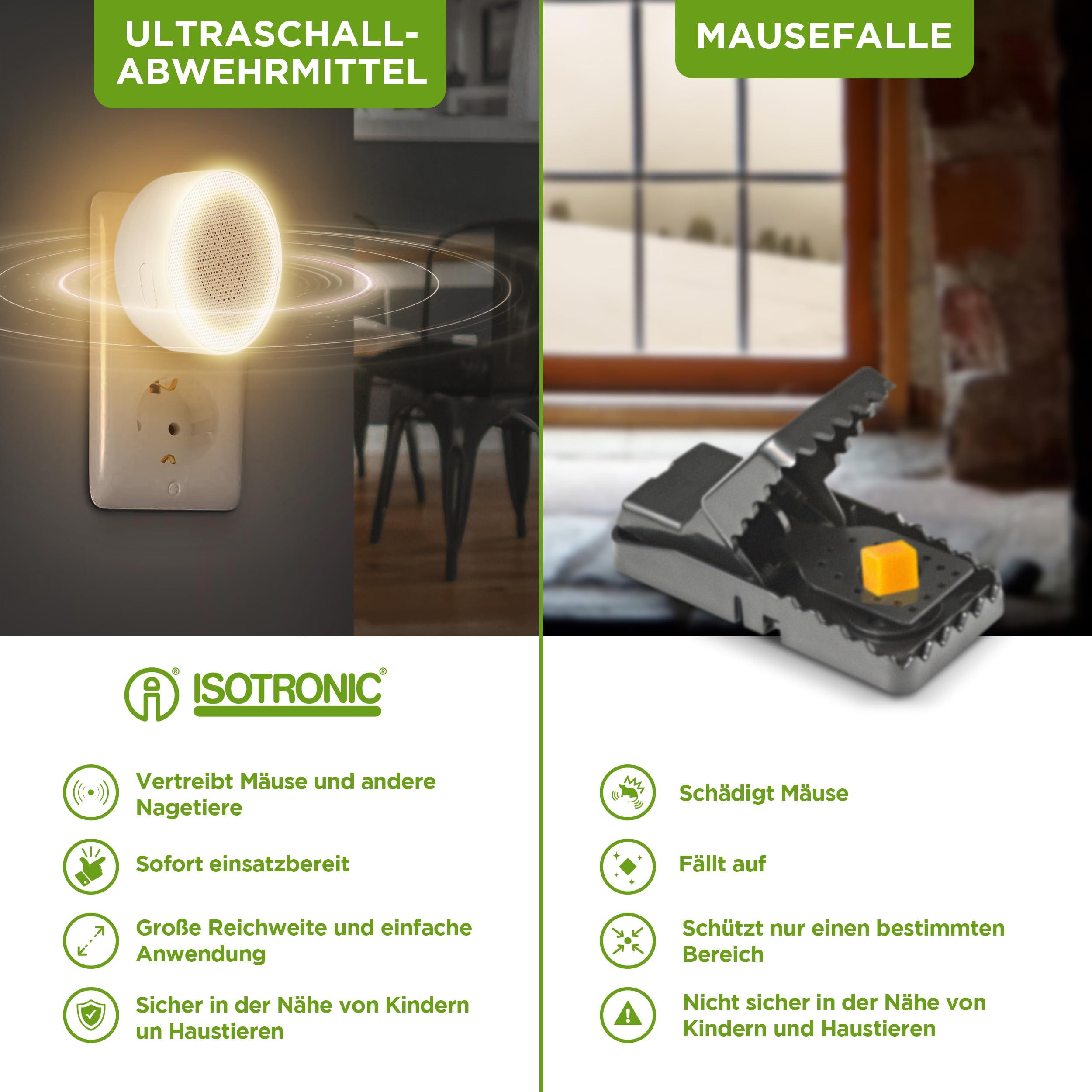 ISOTRONIC Ultraschall Mäuseabwehr zum Mäuse & Ratten vertreiben – Schädlingsvertreiber für Innenräume inkl. Orientierungslicht – Mäuseschreck ohne Gift & Mausefalle – 30m² Wirkungsbereich (1 Stück)