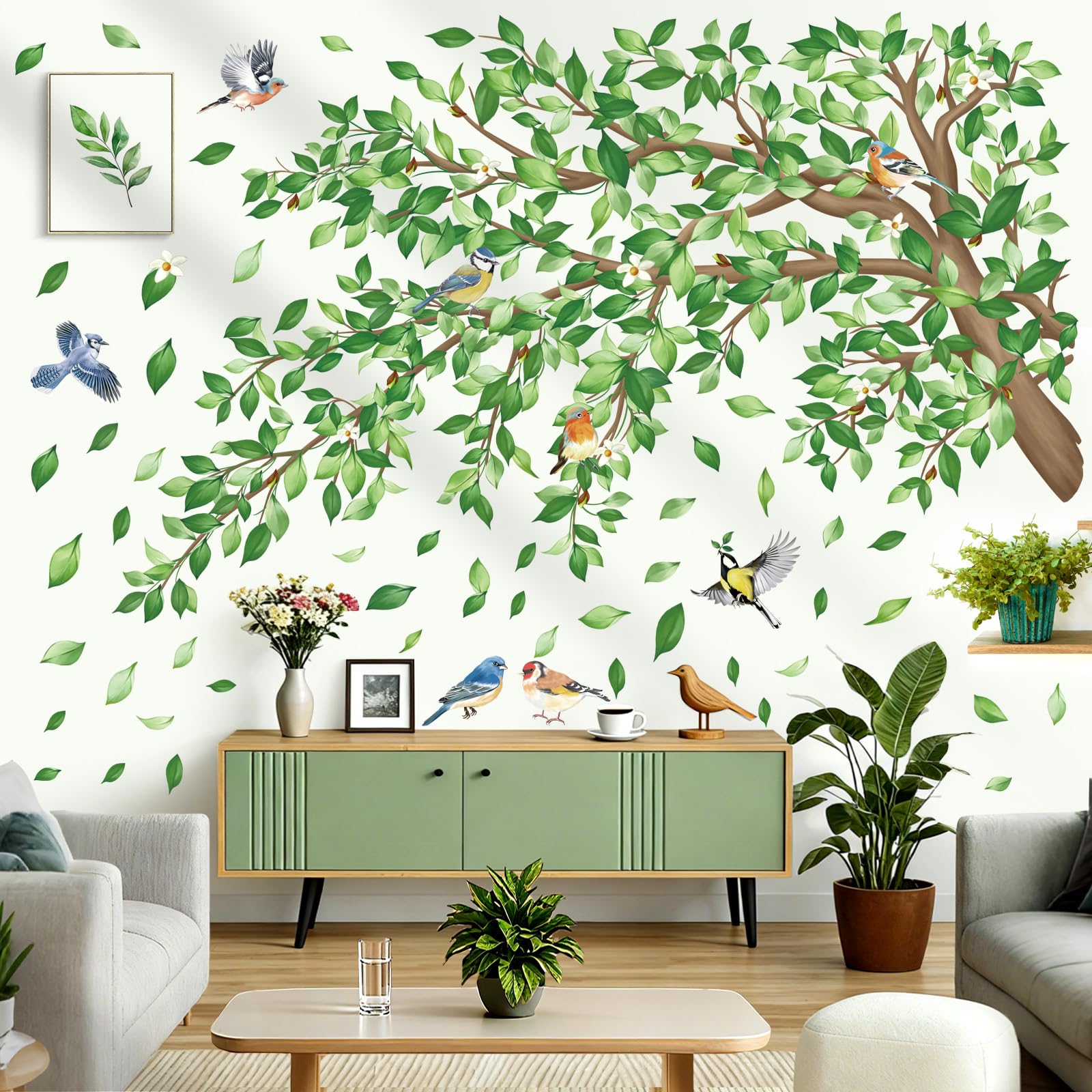 decalmile Stickers Muraux Grand Branche de Arbre Verts Autocollant Mural Feuilles Plantes Verts Oiseaux Décoration Murale Salon Chambre à Coucher Bureau Mur TV