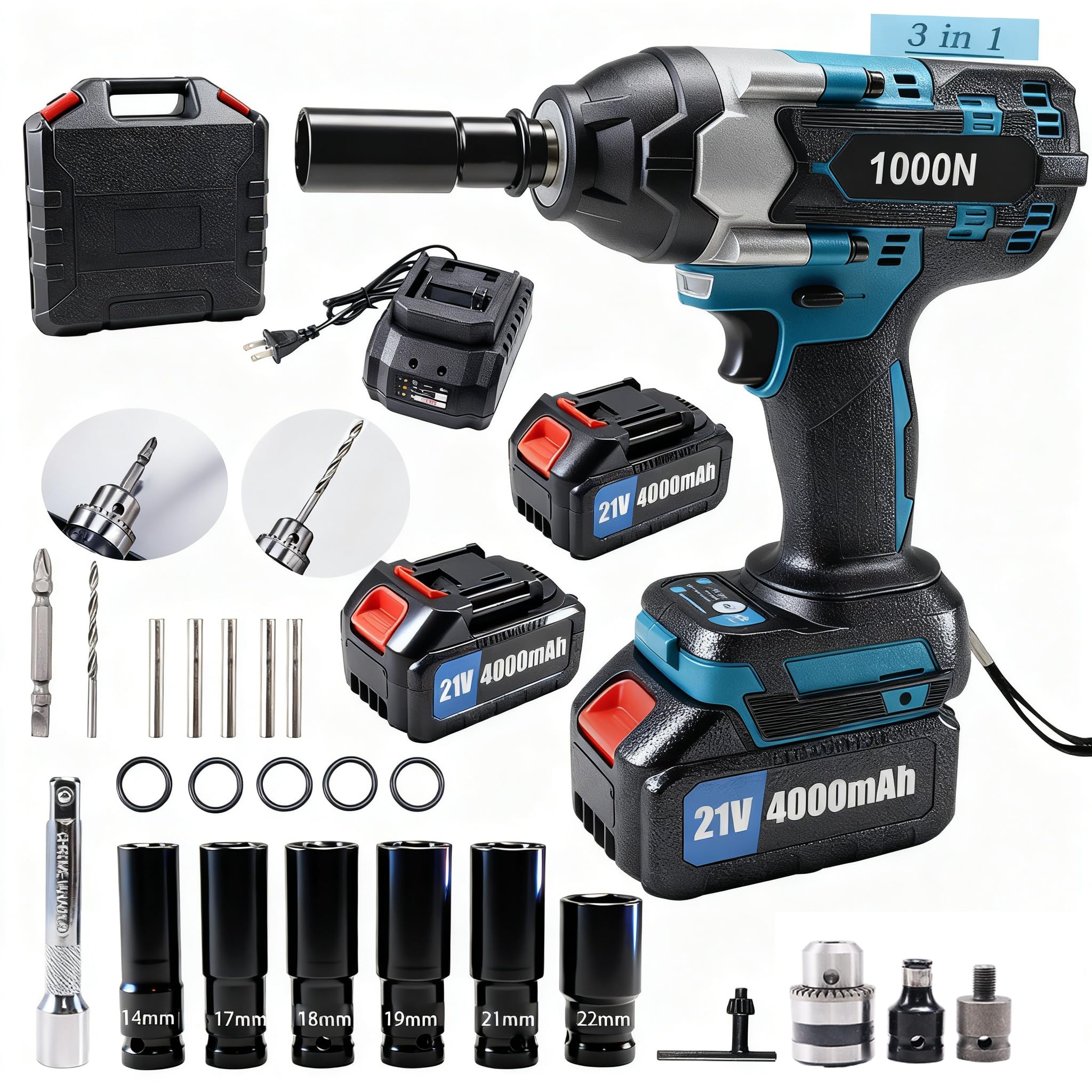 W24NPBLM Brushless Cordless Impact Wrench 1/2", Max 1000 N·m Torque, 3-in-1 Impact Wrench/Drill/Screwdriver Kit, 2×4.0Ah Batteries & Fast Charger, 6