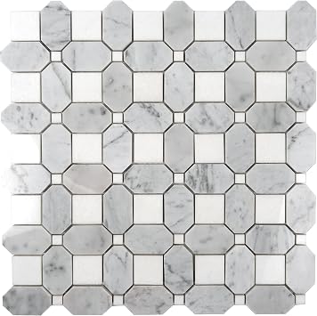 Apollo Tile White Square and Grey Octagon Marble Mosaic Tile for Kitchen, Bathroom or Flooring - 4"x5" Sample Swatch