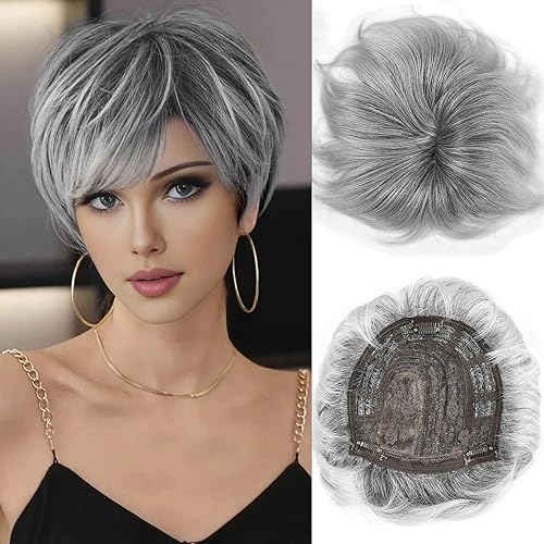 MIMAN Short Pixie Hair Toppers for Women Grey Fluffy Covering