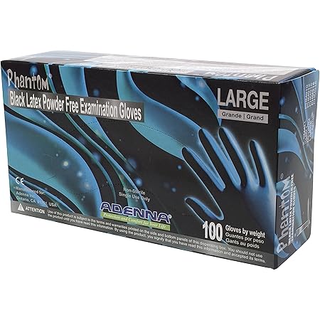 Adenna PHM916 Phantom 6 mil Latex Powder Free Exam Gloves (Black, Large) Box of 100