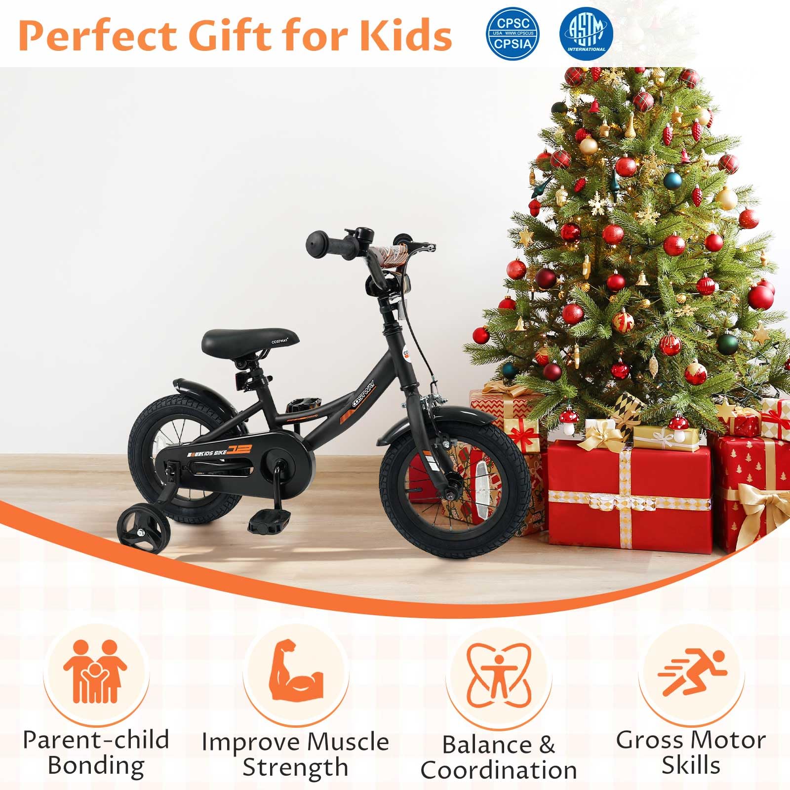 COSTWAY Kids Bike, 12 Inch Toddler Bicycle with Removable Training Wheels, Dual Brakes, Adjustable Seat & Handlebar Height, Girls & Boys Bikes for 3-8 Years Old (Black,12 Inch)
