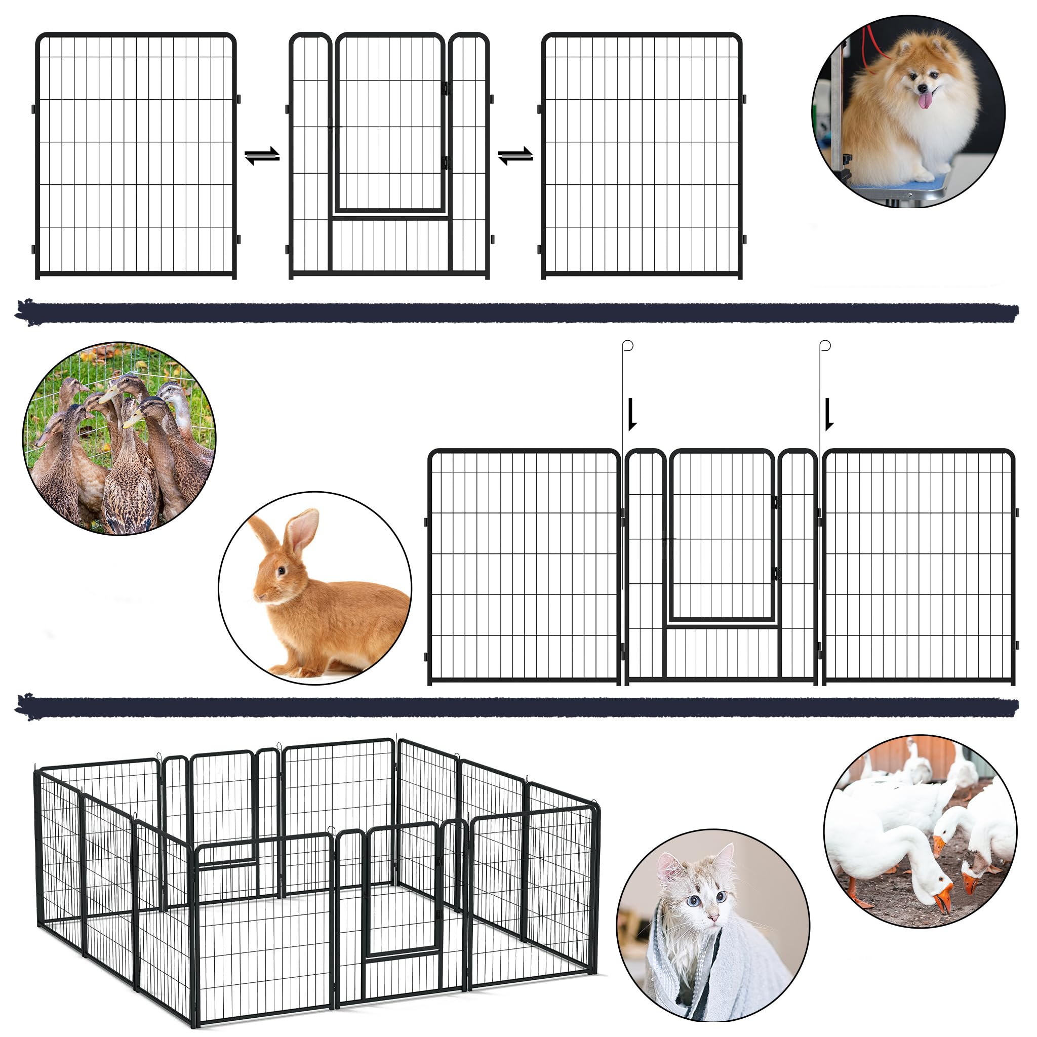 ACXIN Welpenauslauf Freigehege für Hund Faltbar 8 Gitter Tierlaufstall mit Tür 65x80cm Hundelaufstall Innen/Außenbereich, Mattschwarz