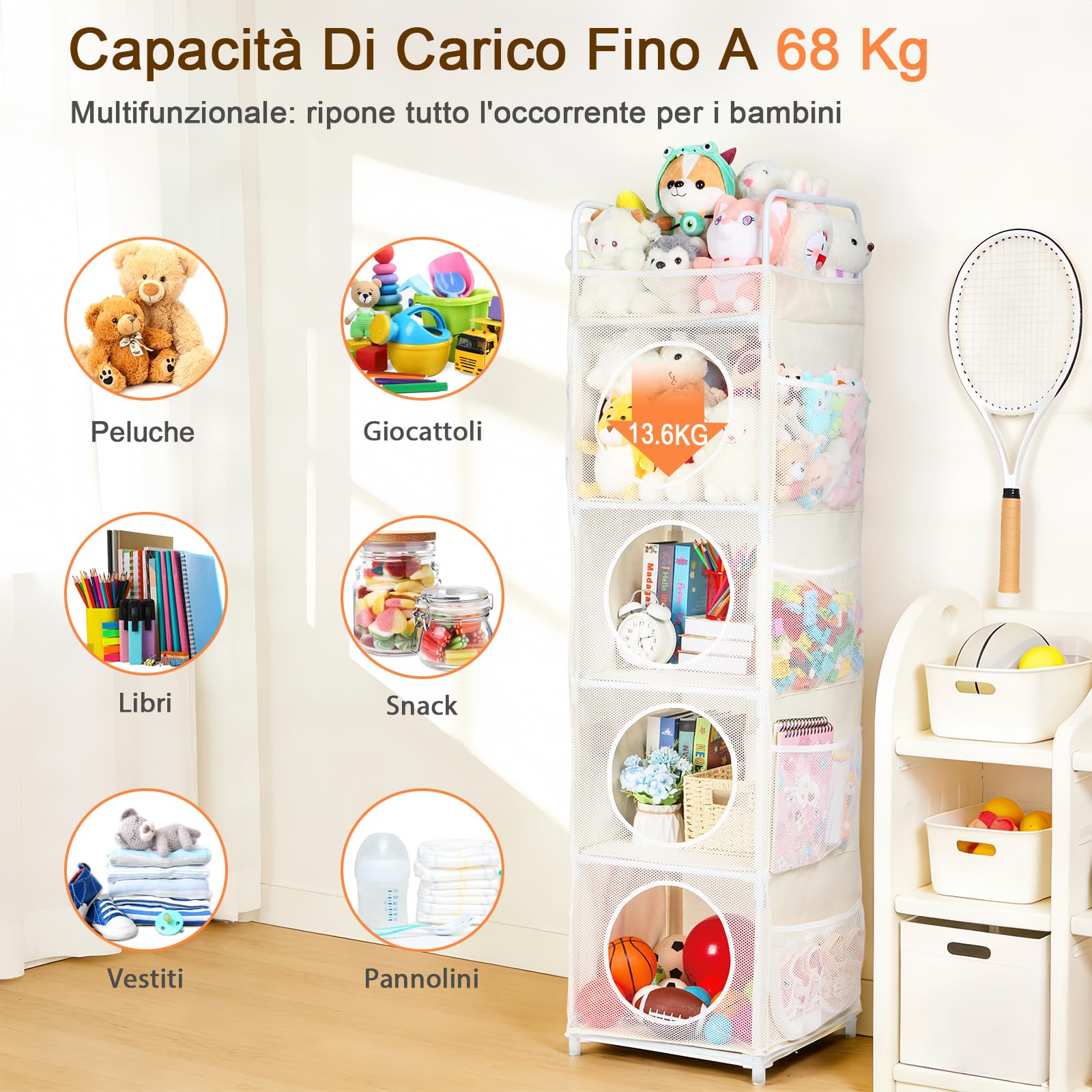 Porta Peluche, 42x42x162cm Porta Giochi Bambini, 5 Ripiani & 8 Tasche Laterali, Contenitore Giochi Bambini (Beige)