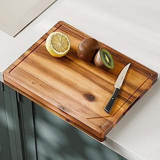 16” Acacia Wood Cutting Board and Chopping Board with Handles - Wooden Cutting Boards for Kitchen Counter - Cheese Board and Charcuterie Board - Serving Board With Counter Lip - No Assembly