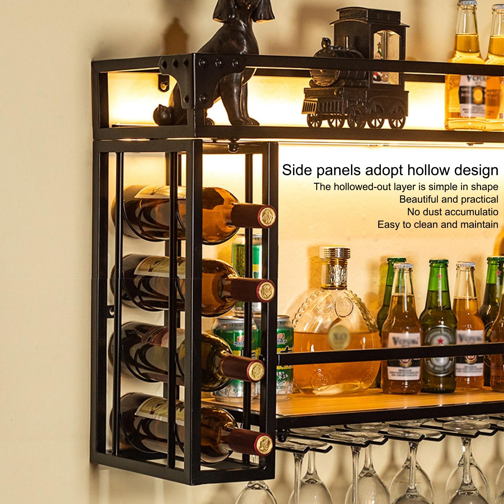 Porta Vottiglie di Vino Portavino con Porta Calici da Parete Cantinetta Vino con Porta Bicchieri Sospesi Angolo Bar per Casa Sala da Pranzo Cucina(150cm/59in)