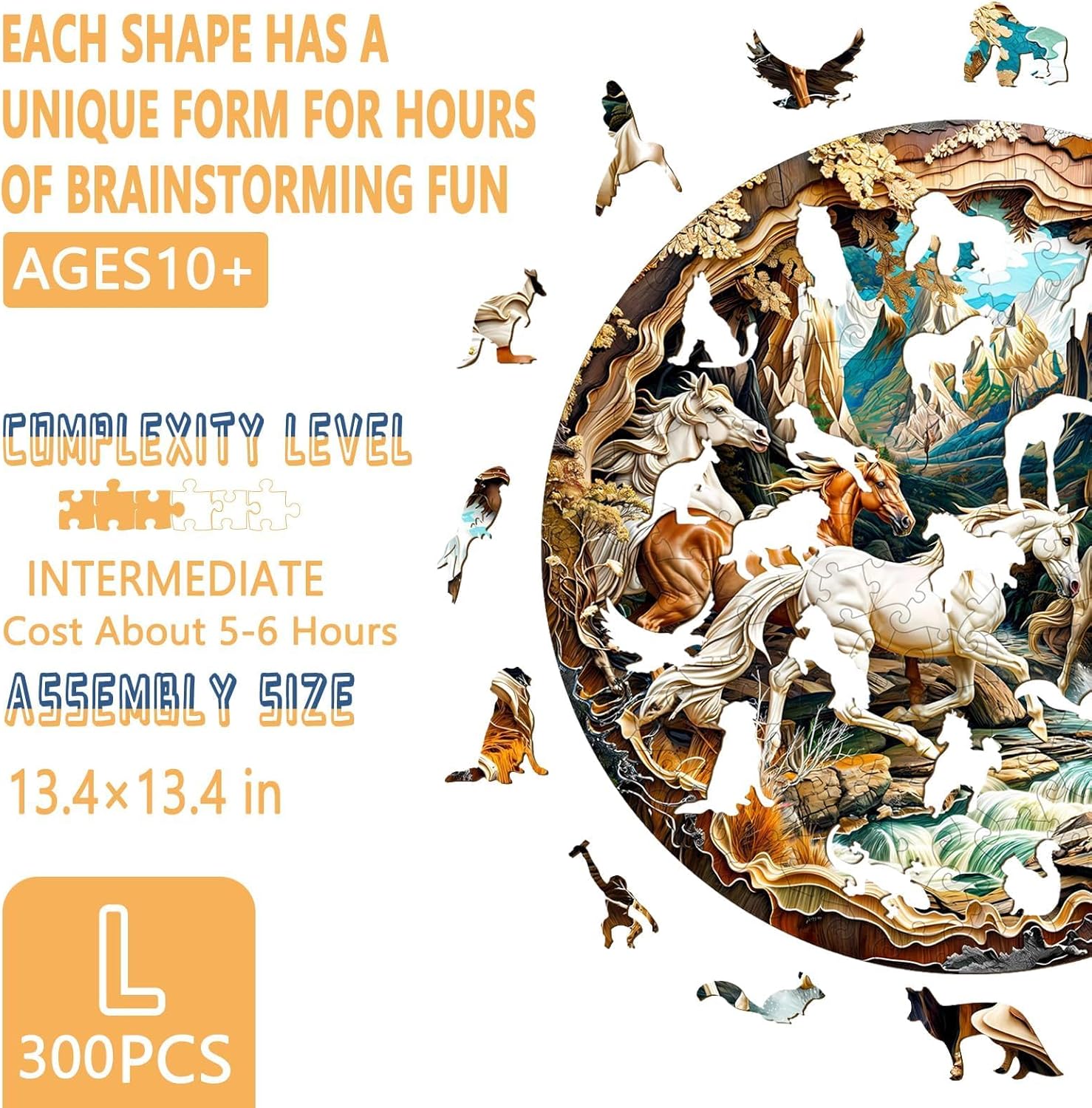 Wooden Puzzles for Adults, 3D Visual Effects Running Horses Wooden Jigsaw Puzzles for Adult, Wood Puzzles Adult, Cool Puzzles, Unique Gift Idea, Wall Art Canvas Puzzle (L-13.4 * 13.4in -300 Pcs)