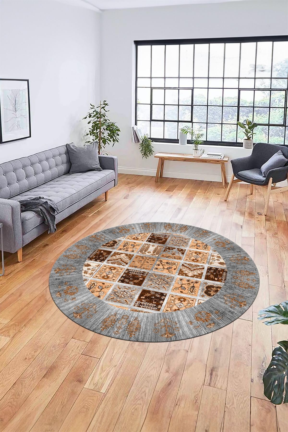 Evdeya Yeni Etnik Desen Kaymaz Taban Yıkanabilir Yuvarlak Mutfak Salon Koridor Halısı Y-ETNİK-18, Gri, 100 x 100