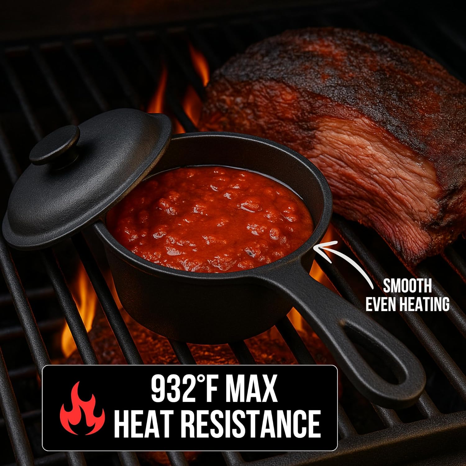 1 QT Cast Iron Sauce Pot with Lid & Wood Brush for Basting, Melting, Simmering Sauce, Butter & Cheese - Built for Cooking, Grilling & Camping - 932°F Max Even Heat Distribution - Professional Grade