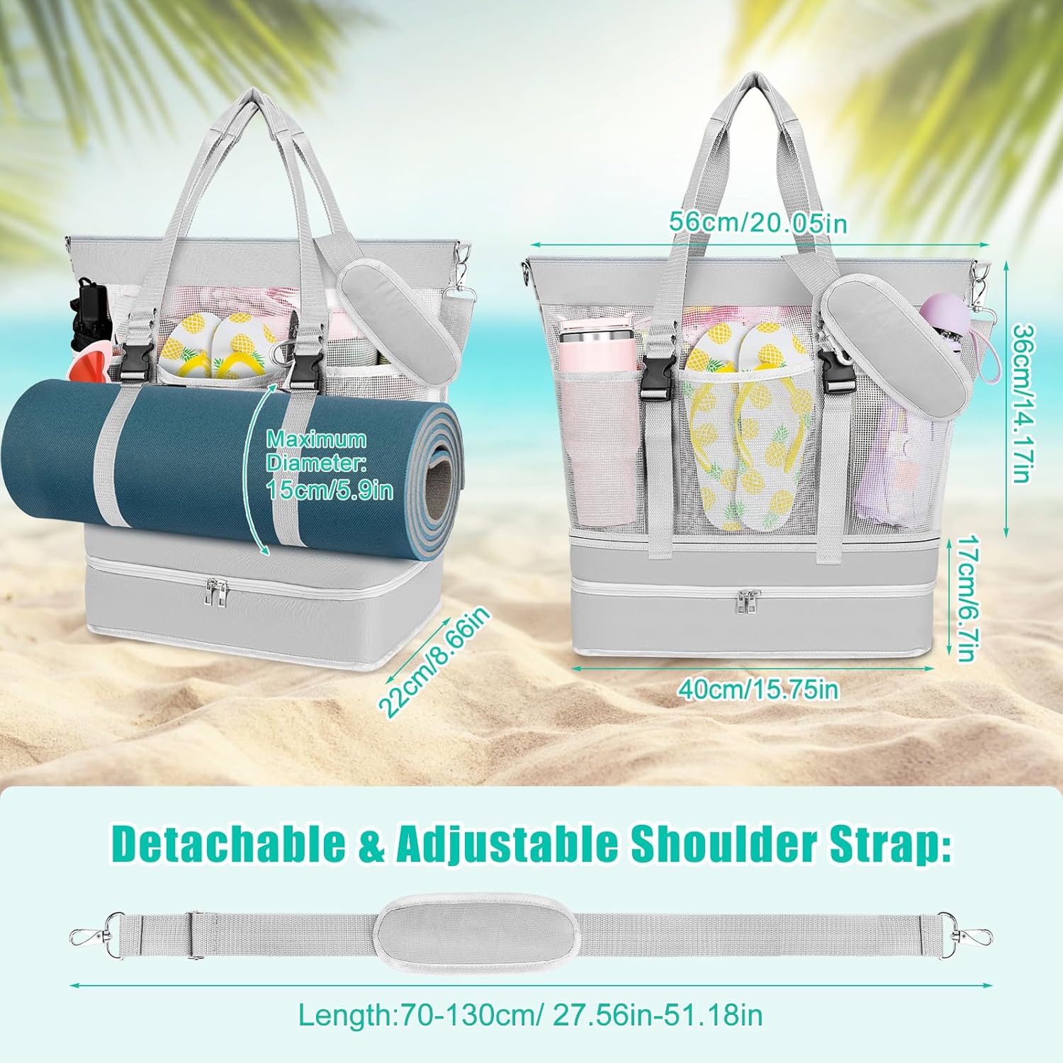 SelfTek Beach Tote Bag with Cooler compartment, Waterproof Sandproof Daily Pool Swim Travel Essentials