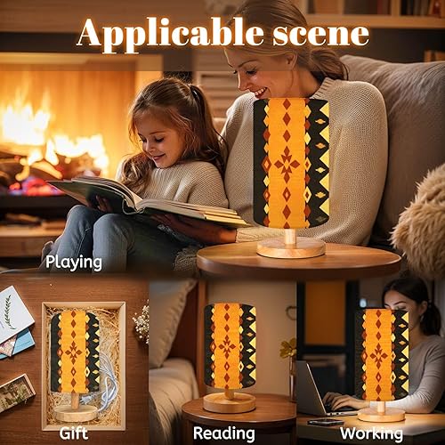 Miniatura 4 de Bedside Table Lamp Seamless Tribal Southwestern Native American Navajo Ethnic Geometric Dimmable Desk Lamp with Flaxen Fabric Shade Wood Base