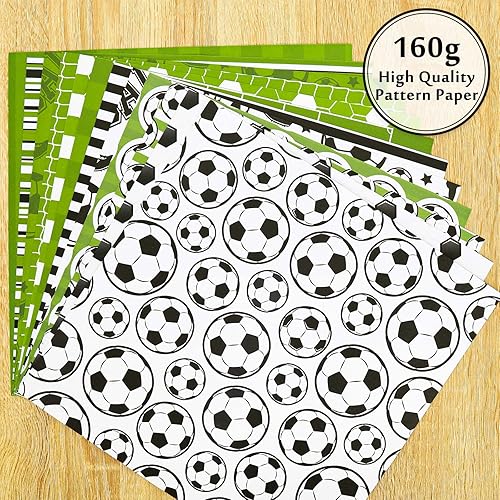 Miniatura 5 de Whaline Papel de 24 hojas con patrón de fútbol, 11.8 x 11.8 in, doble cara, verde, blanco, negro, cuadrado, papel decorativo para álbumes de