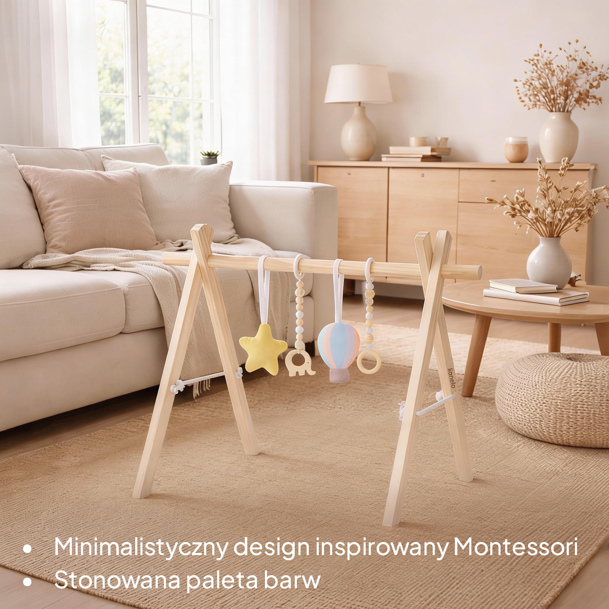 Lionelo Anis Pałąk Edukacyjny Drewniany Baby Gym Montessori, Składany dla Niemowląt, Odpinane Zawieszki, Wspiera Motorykę i Sensorykę, Gładko Szlifowany bez Ostrych Krawędzi, 65 x 45 x 45 cm, 1,2 kg