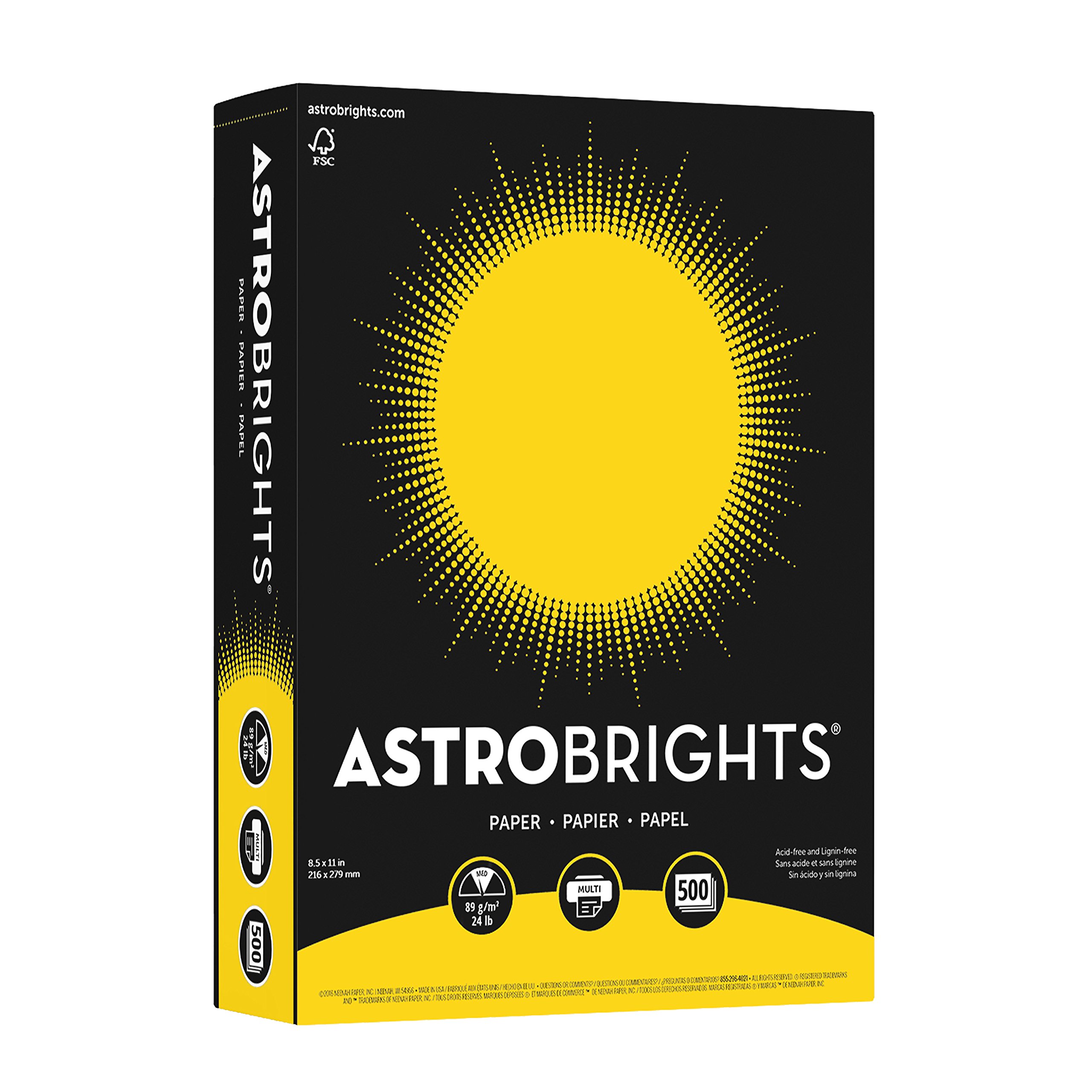 Neenah Astrobrights 21538 Acid-Free Copy Paper, 24 lb., 2.5" Height, 8.5" Width, 11" Length, Solar Yellow (Pack of 500)