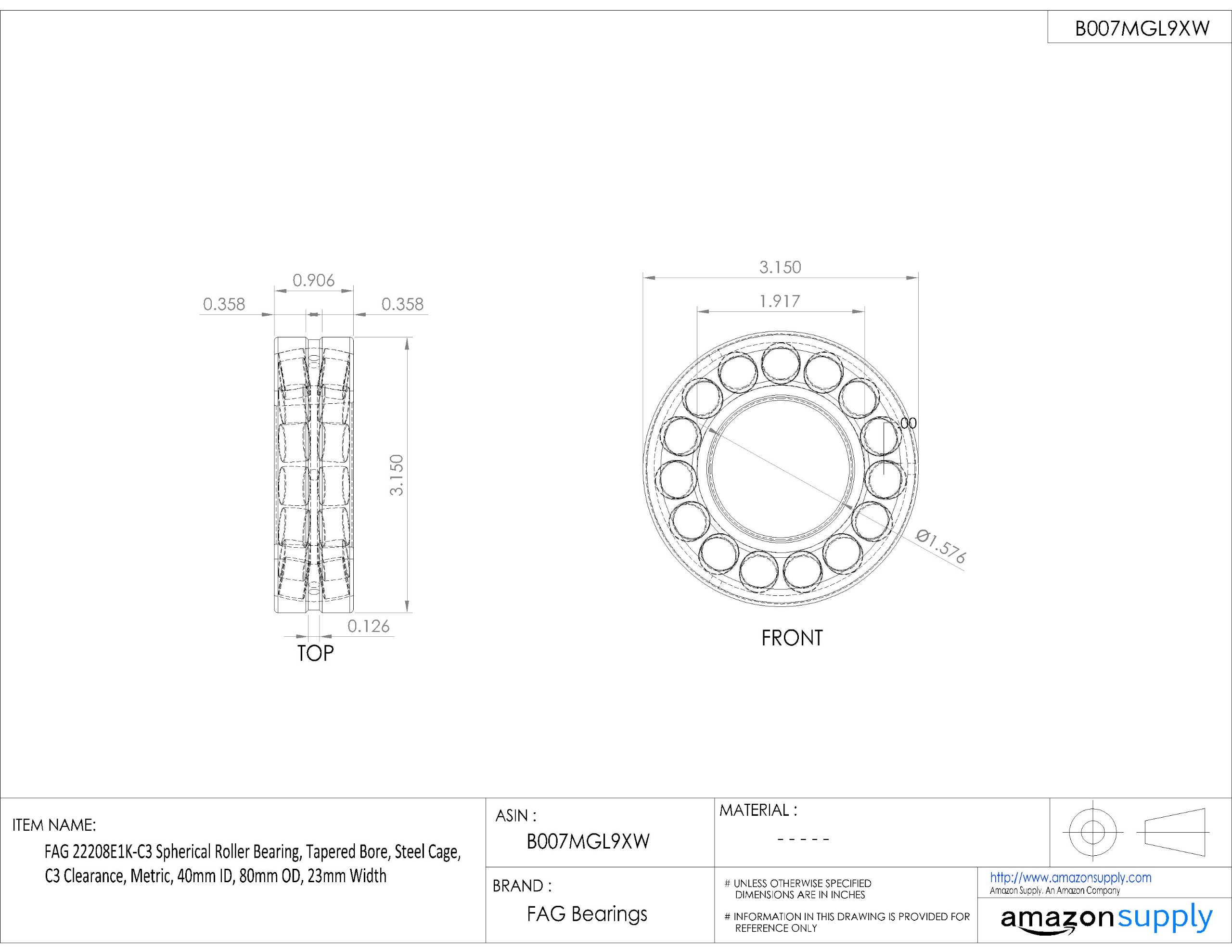 FAG 22208E1K-C3 Roulement à rouleaux sphériques, alésage conique, cage en acier, dégagement C3, métrique, diamètre intérieur 40 mm, diamètre extérieur 80 mm, largeur 23 mm