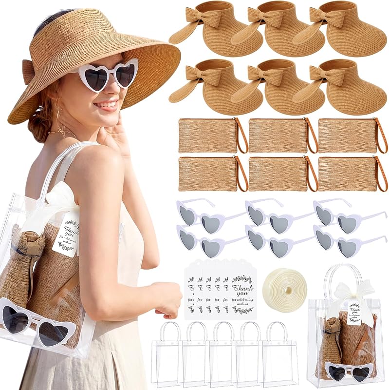 Paquete de 6 Set de regalo de playa para mujer, recuerdos de fiesta de verano con visera de paja, sombrero, bolso, lentes de sol con forma de corazón, bolsa de regalo
