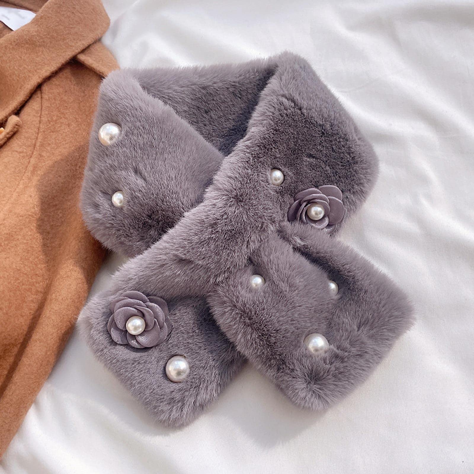 MOGSA Bufandas para mujer, diseño de flores, piel de conejo sintética, bufanda cruzada para mujer, invierno, al aire libre, protección de cuello grueso, chal cálido