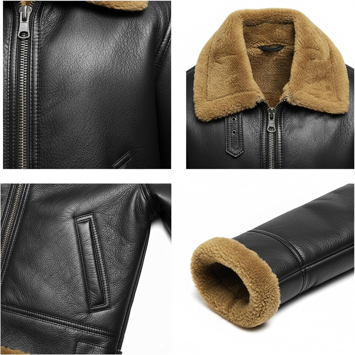 Men's RAF B3 Aviator Sheepskin Leather Jacket with Fur Collar & Adjustable Waist Belt – Mens Bomber Jacket - Image 4