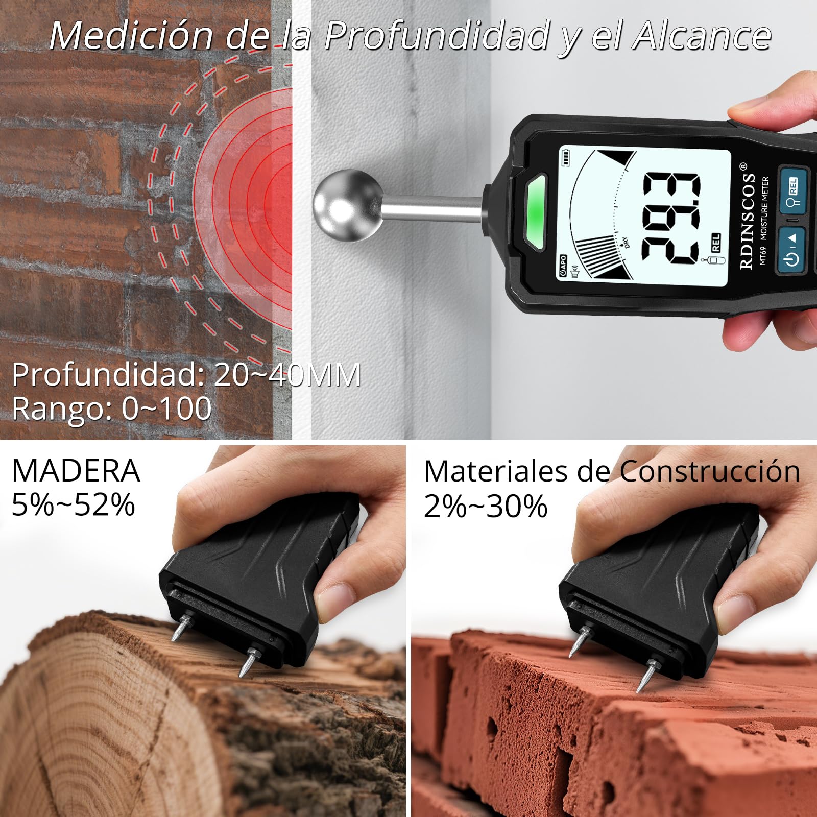 RDINSCOS Medidor de Humedad con Pin & sin Pin,Medidor de Humedad Pared con Pantalla LCD y Alarma Audible para Paredes, Madera